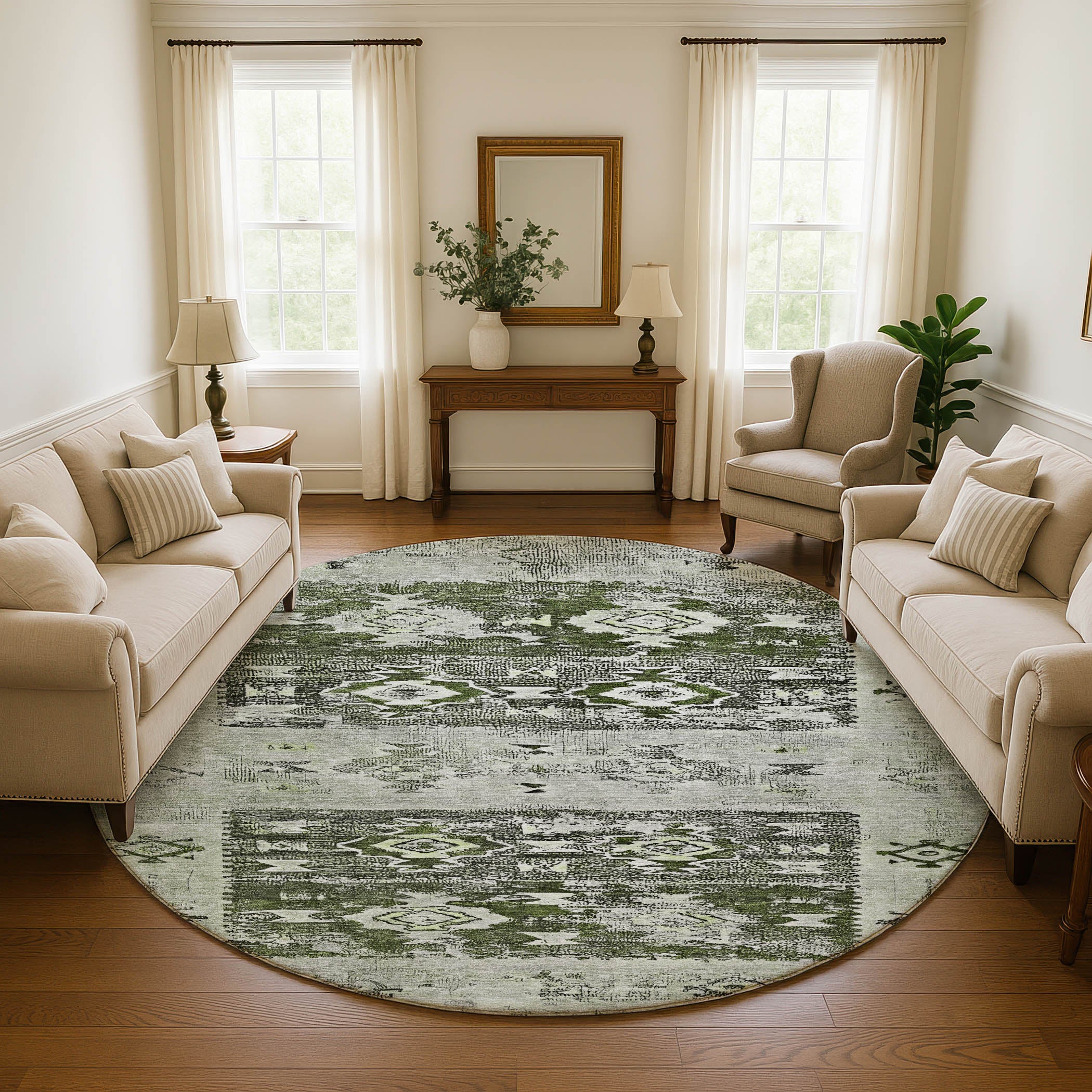 Kotor Machine Washable Transitional Olive Green Rug 8' x 8' #shape_Round