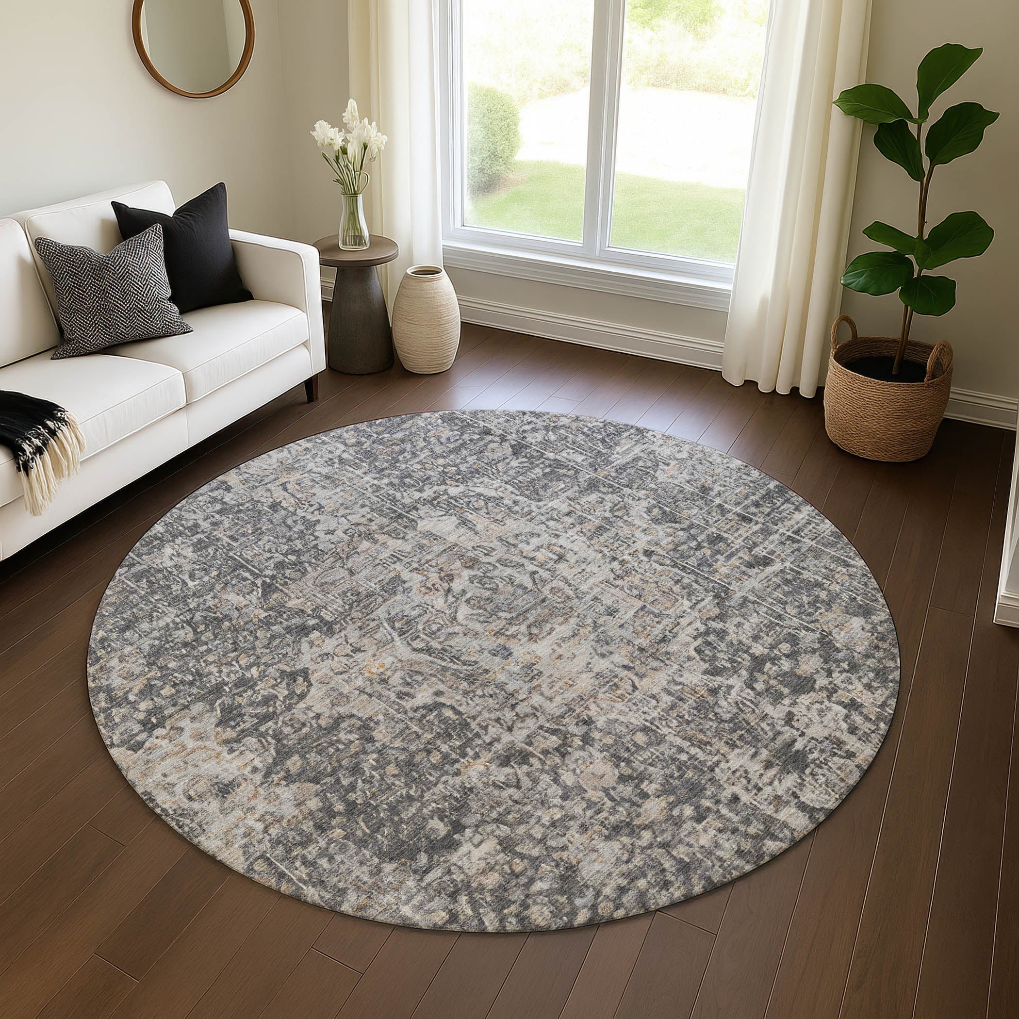 Bogota Machine Washable Traditional Charcoal Gray Rug 8' x 8' #shape_Round