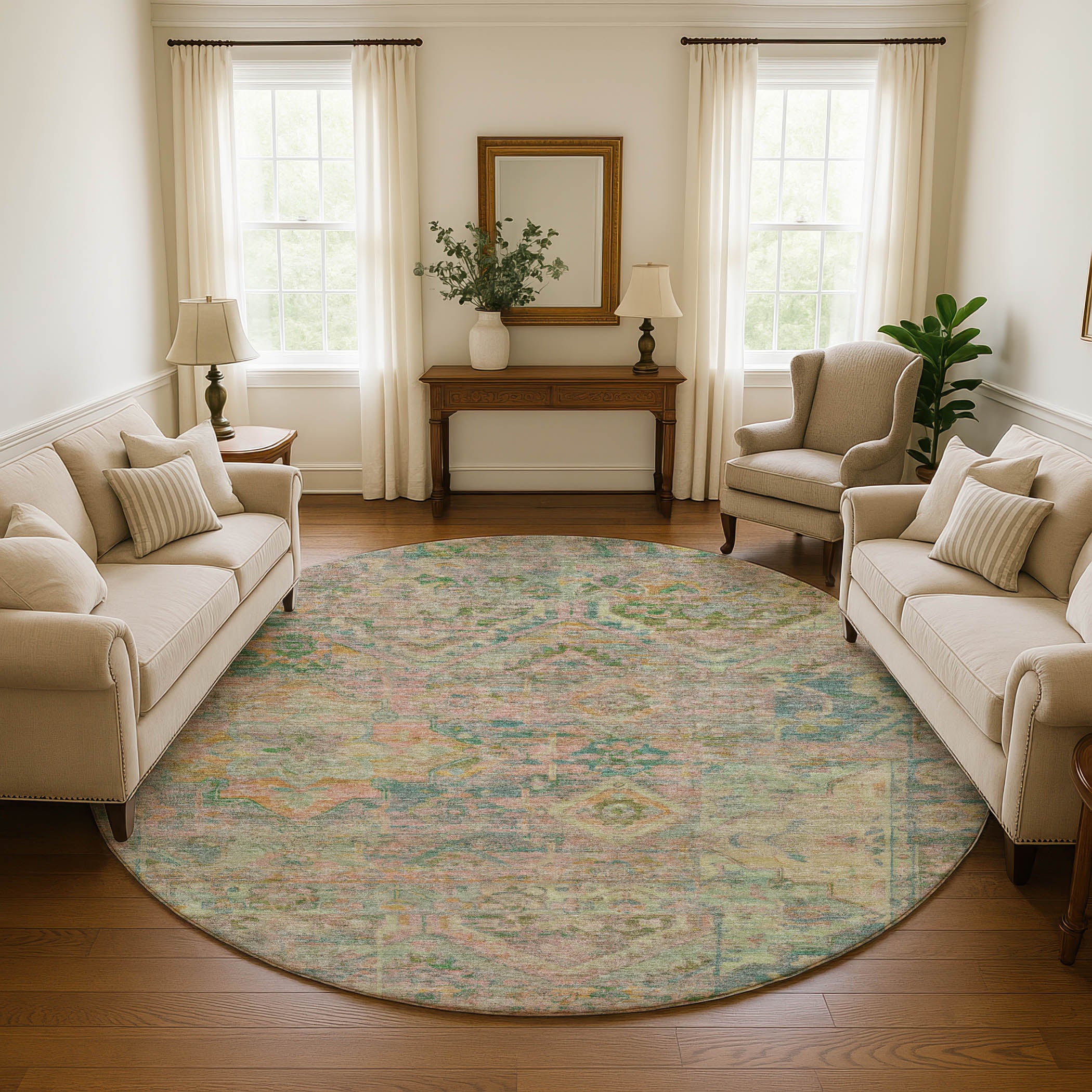 Montevideo Machine Washable Traditional Green Rug 8' x 8' #shape_Round