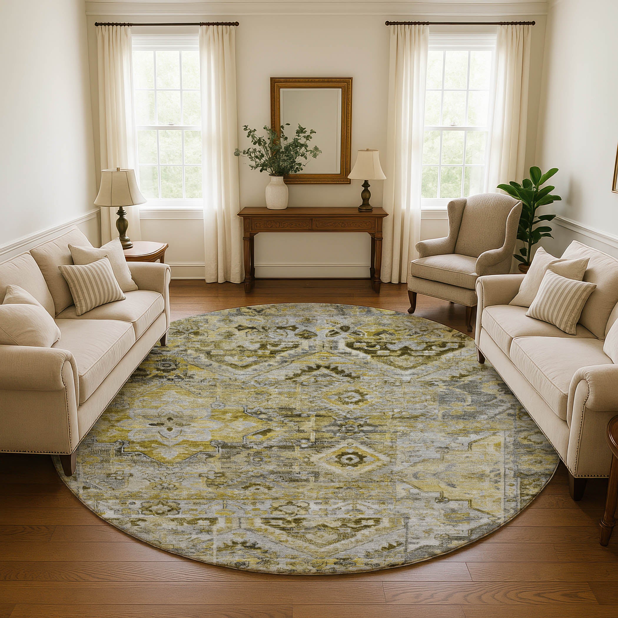 Montevideo Machine Washable Traditional Pewter Gray Rug 8' x 8' #shape_Round