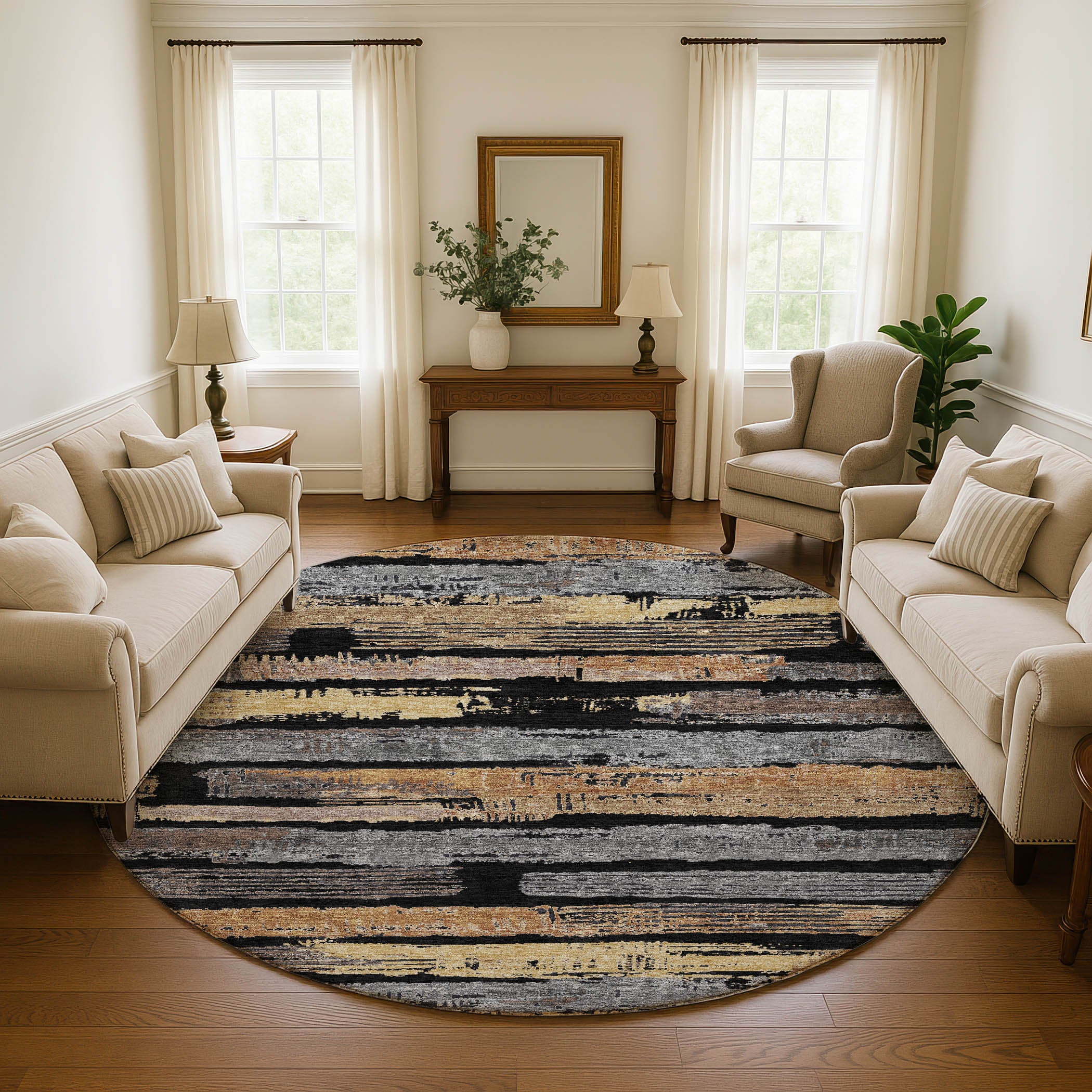 Chiang Mai Machine Washable Transitional Black Rug 8' x 8' #shape_Round