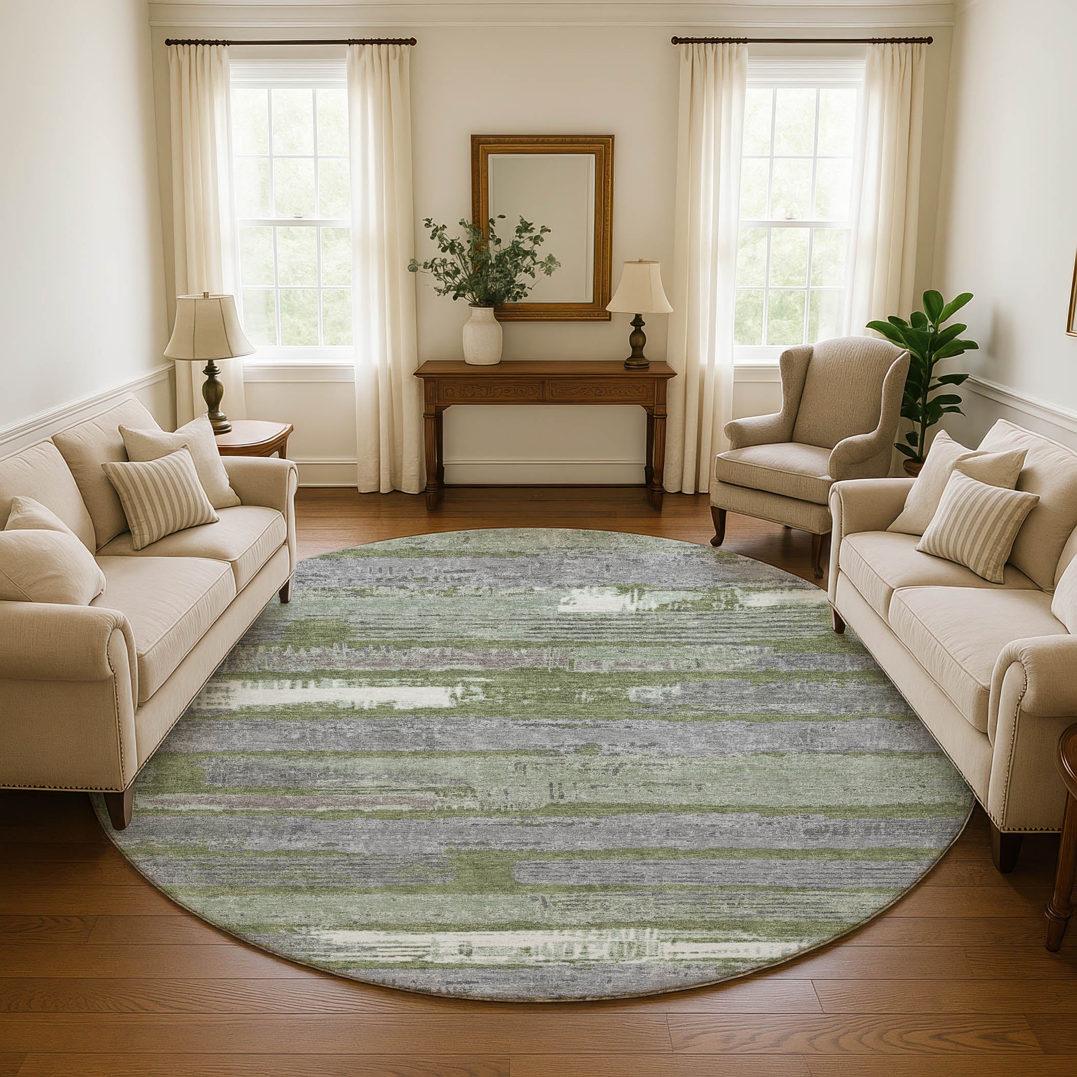 Chiang Mai Machine Washable Transitional Olive Green Rug 8' x 8' #shape_Round