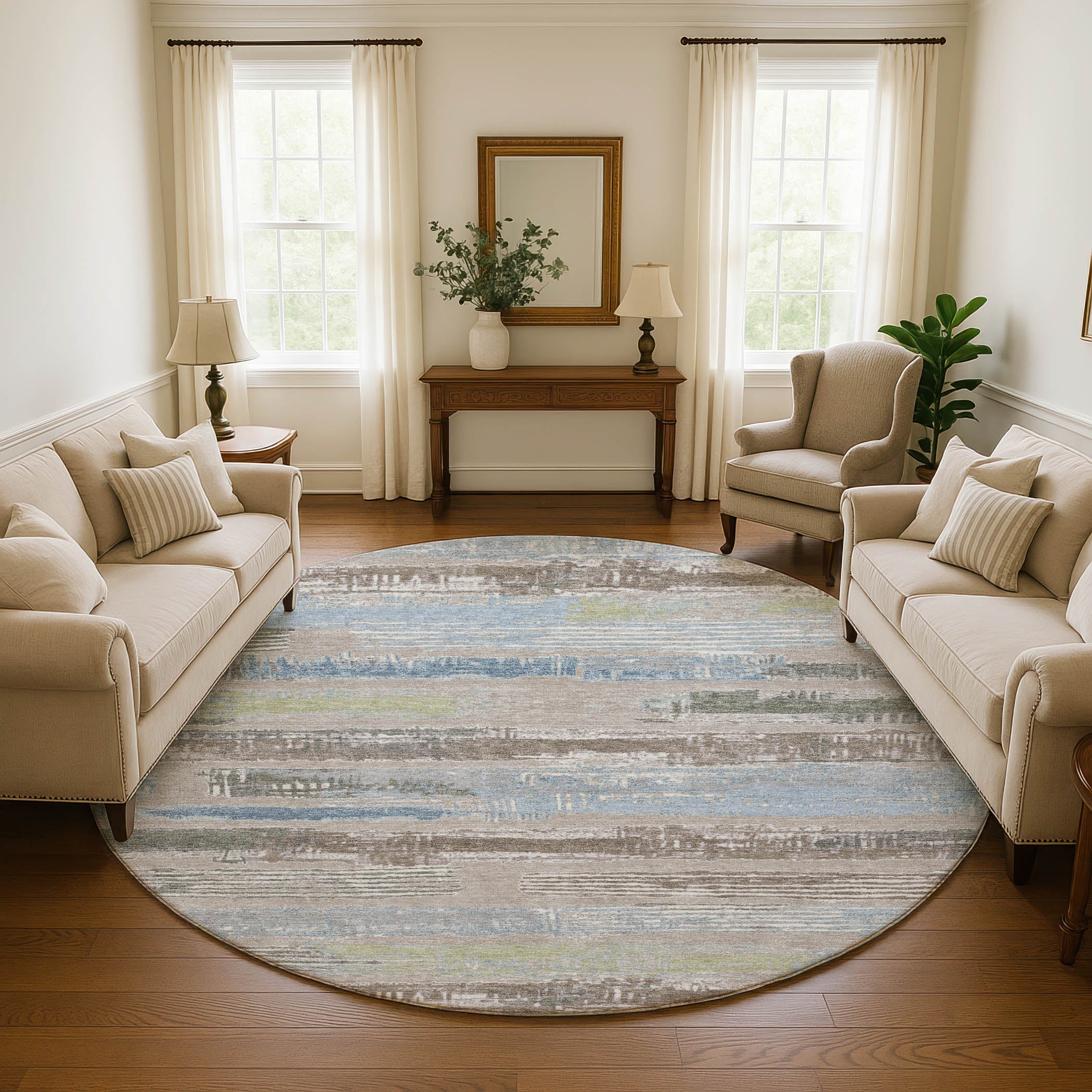 Chiang Mai Machine Washable Transitional Taupe Brown Rug 8' x 8' #shape_Round