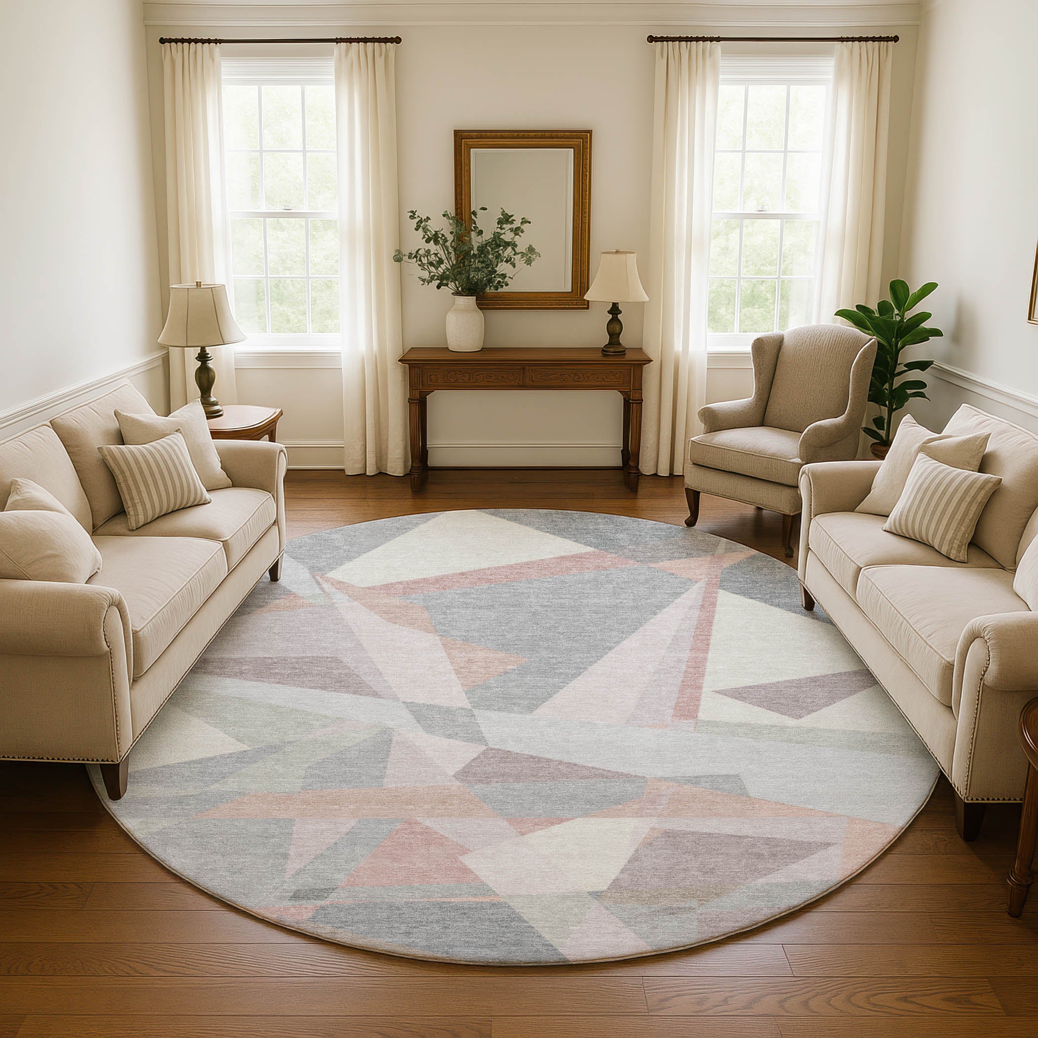 Oslo Machine Washable Transitional Blush Pink Rug 8' x 8' #shape_Round