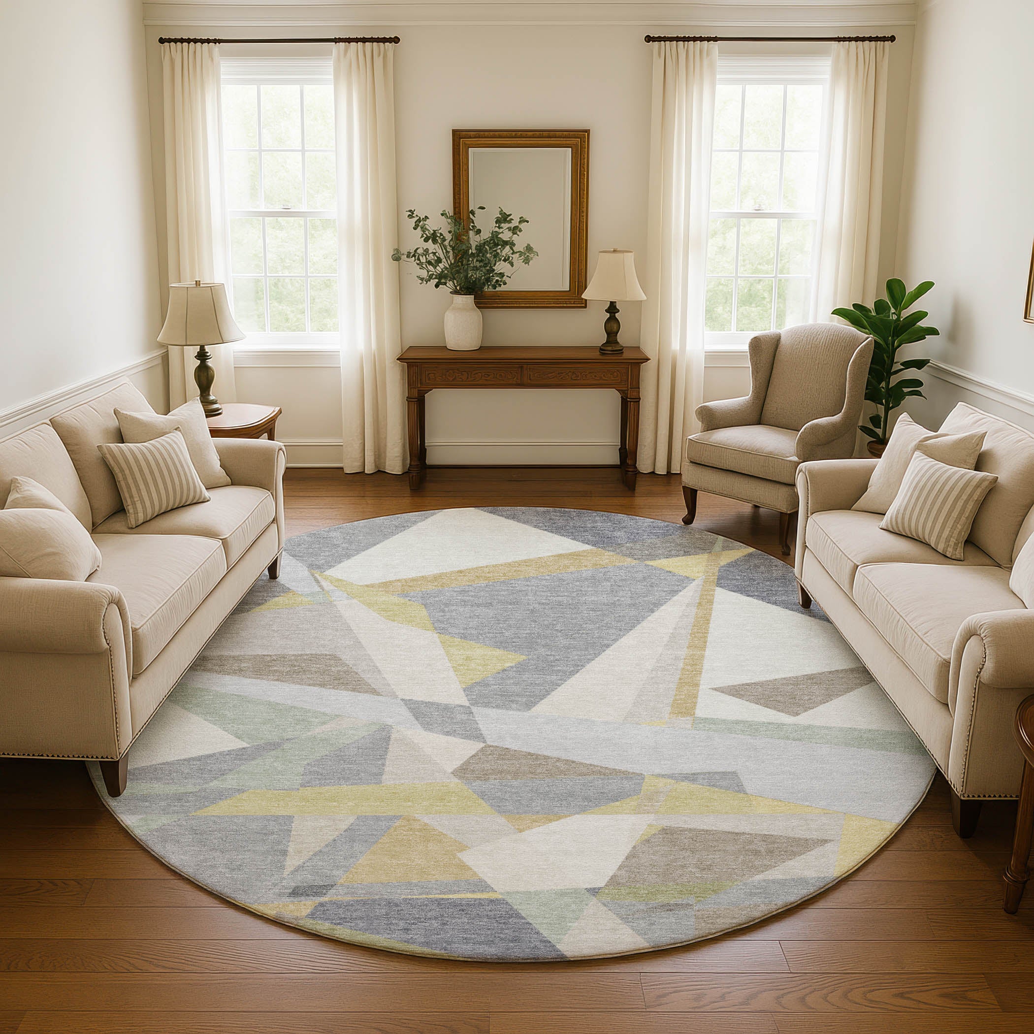 Oslo Machine Washable Transitional Pewter Gray Rug 8' x 8' #shape_Round