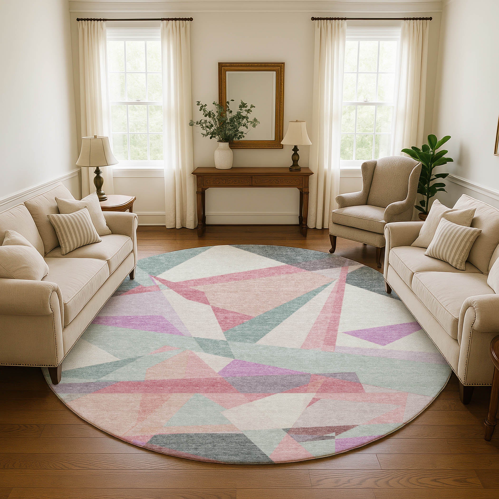 Oslo Machine Washable Transitional Seafoam Blue Rug 8' x 8' #shape_Round