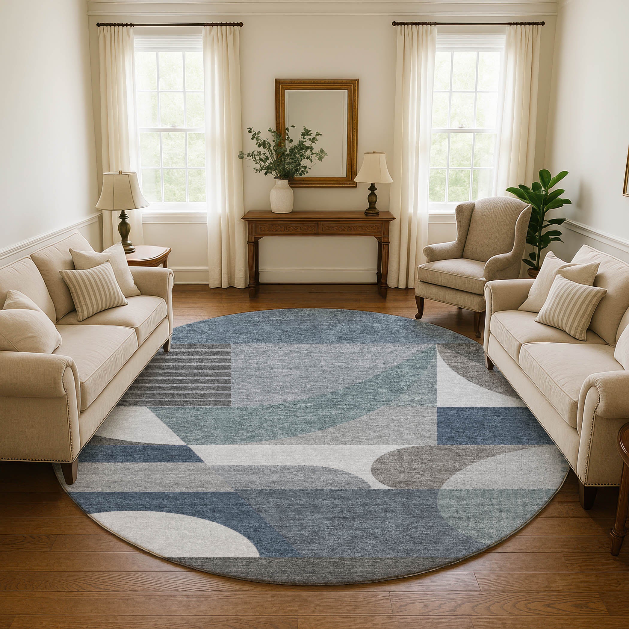 Zanzibar Machine Washable Transitional Gray Rug 8' x 8' #shape_Round