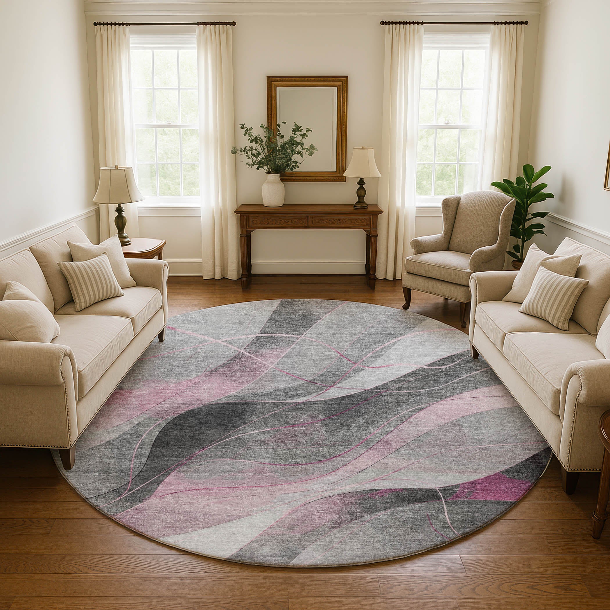 Havana Machine Washable Transitional Pink Rug 8' x 8' #shape_Round