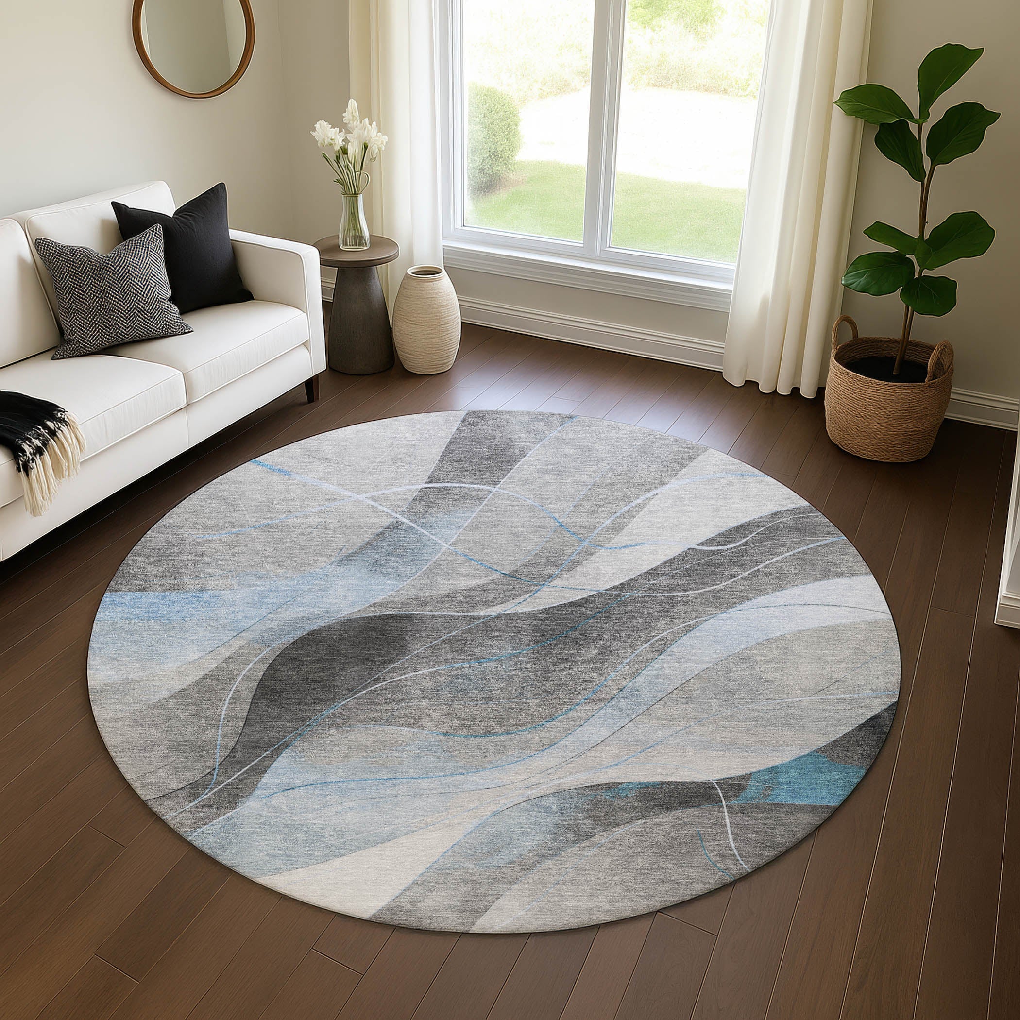 Havana Machine Washable Transitional Sky Blue Rug 8' x 8' #shape_Round