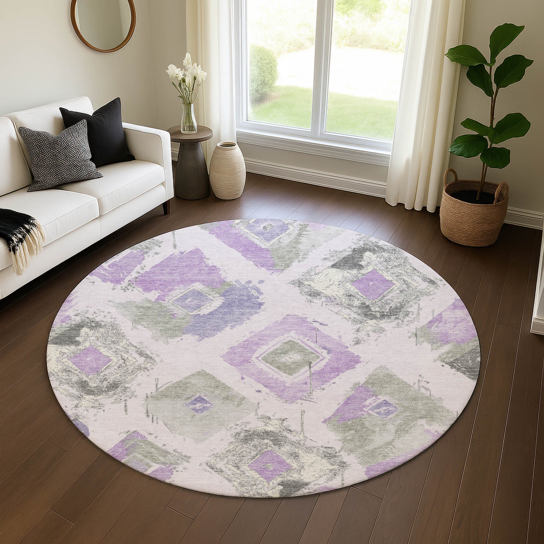 Montevideo Machine Washable Transitional Lavender Purple Rug 8' x 8' #shape_Round
