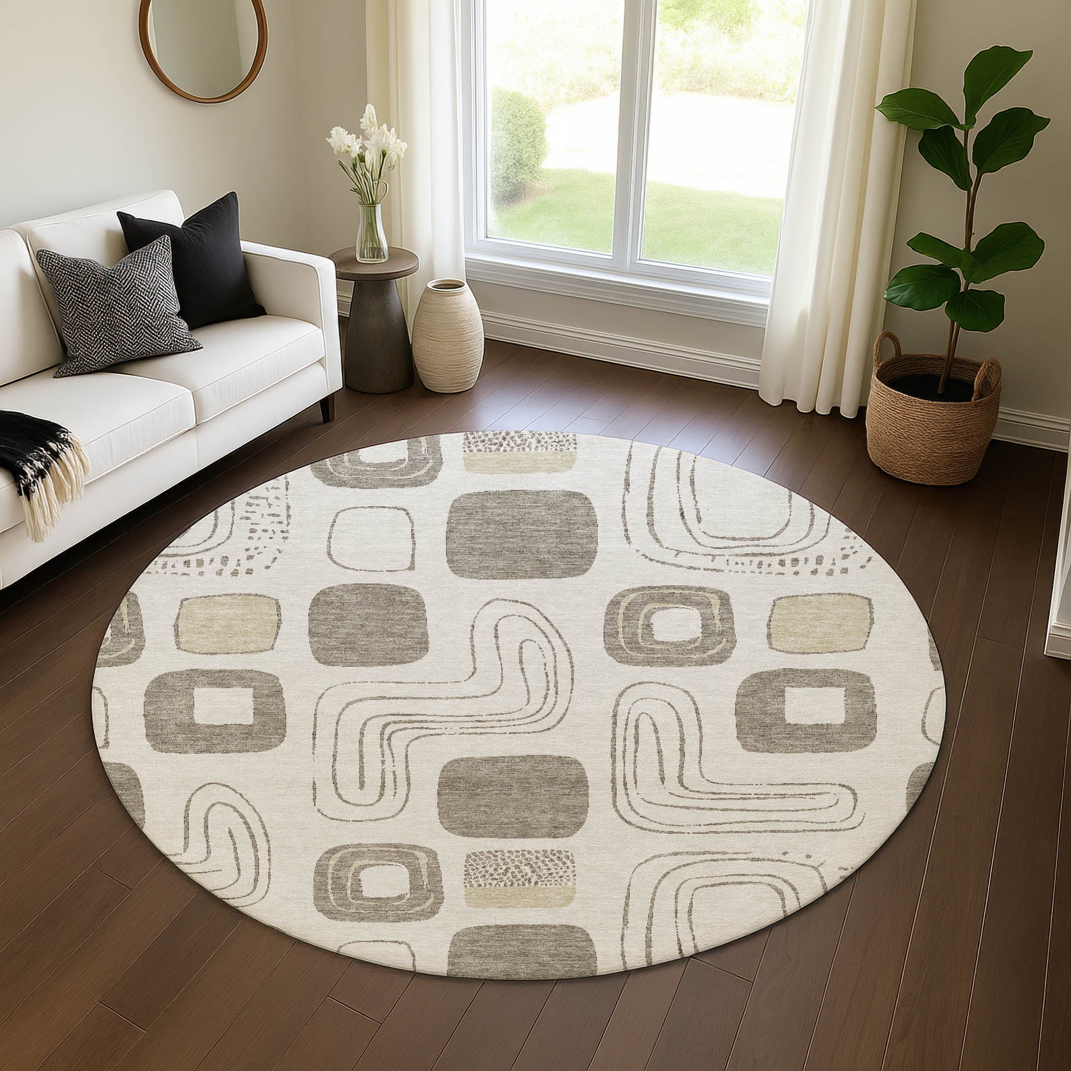 Dubrovnik Machine Washable Transitional Beige Brown Rug 8' x 8' #shape_Round