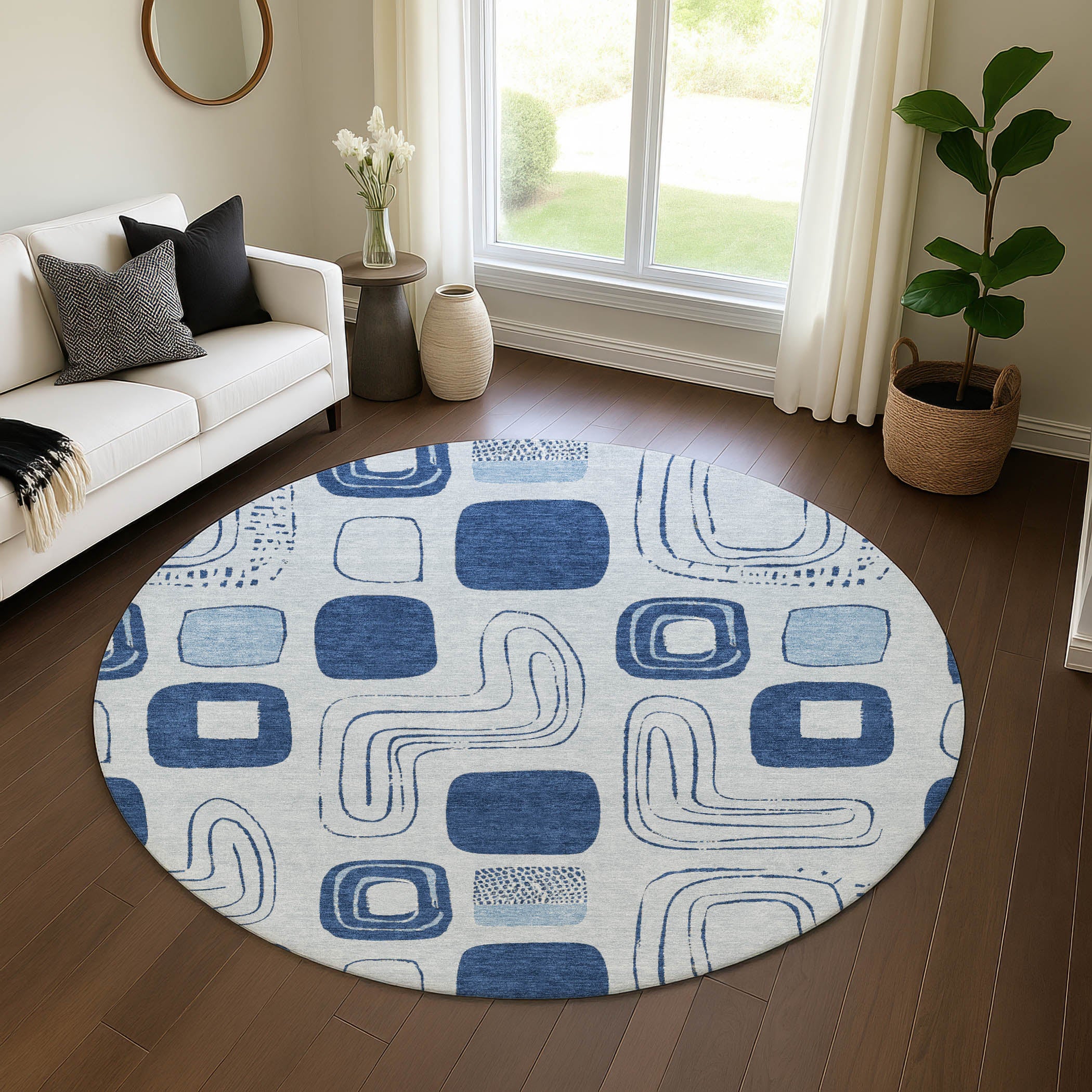 Dubrovnik Machine Washable Transitional Blue Rug 8' x 8' #shape_Round