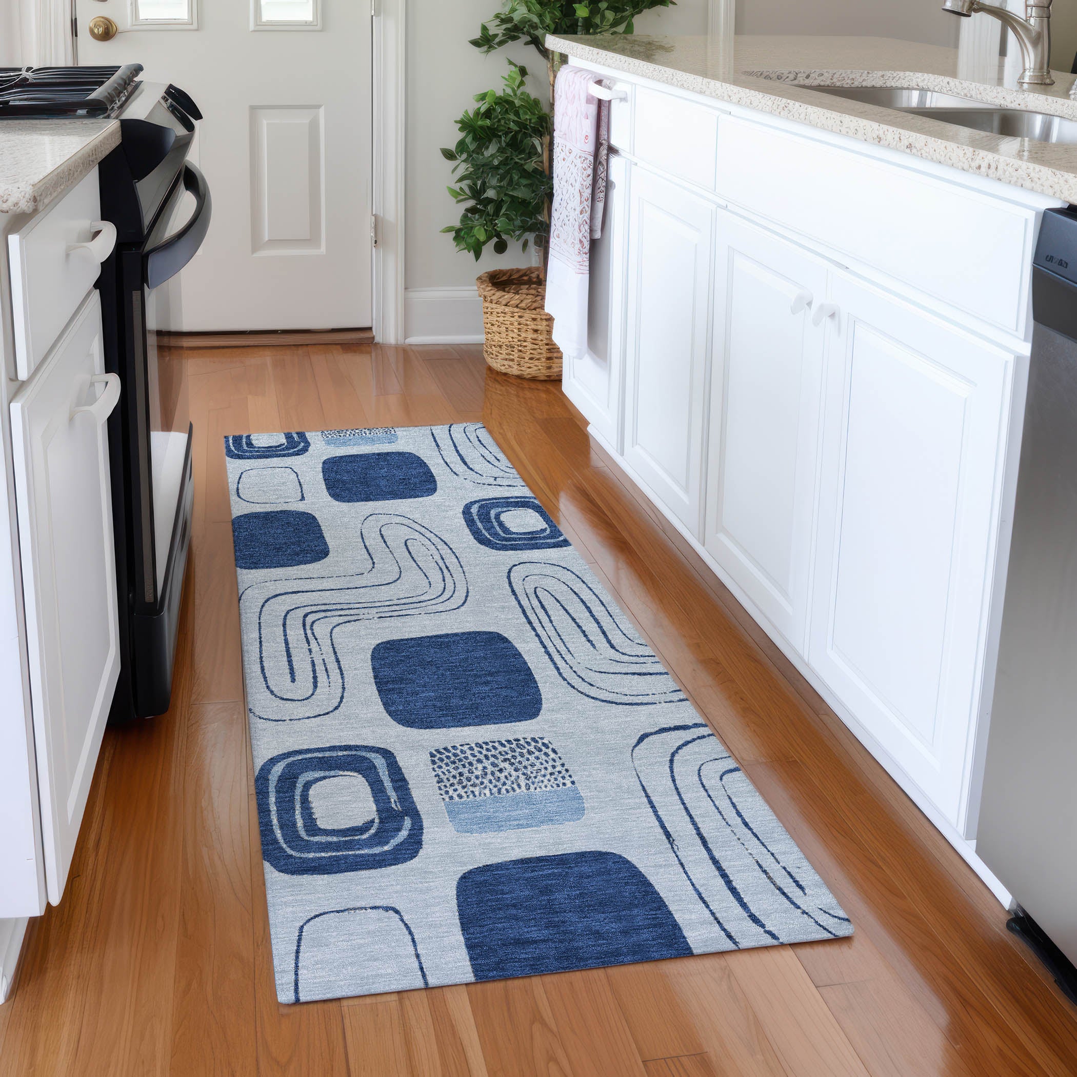 Dubrovnik Machine Washable Transitional Blue Rug 2'3" x 7'6" #shape_Runner