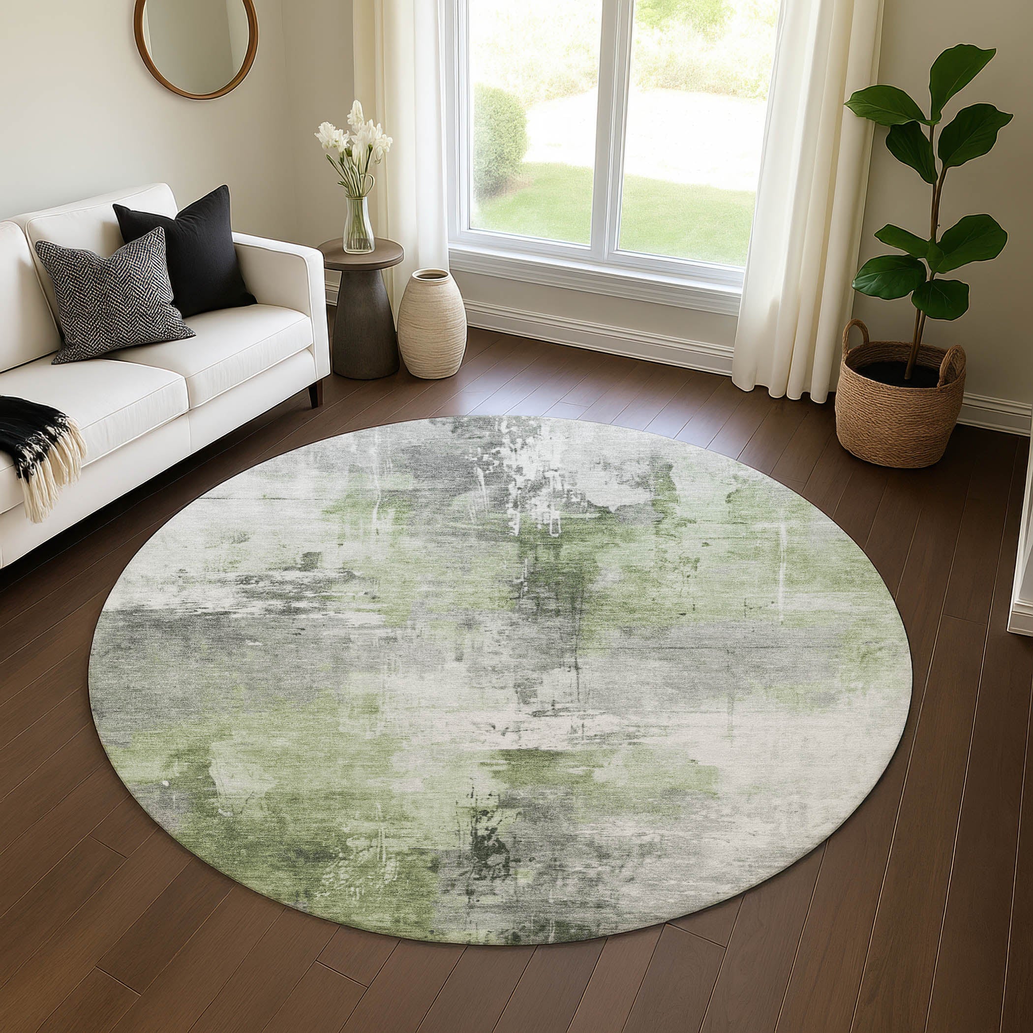 Baku Machine Washable Transitional Green Rug 8' x 8' #shape_Round