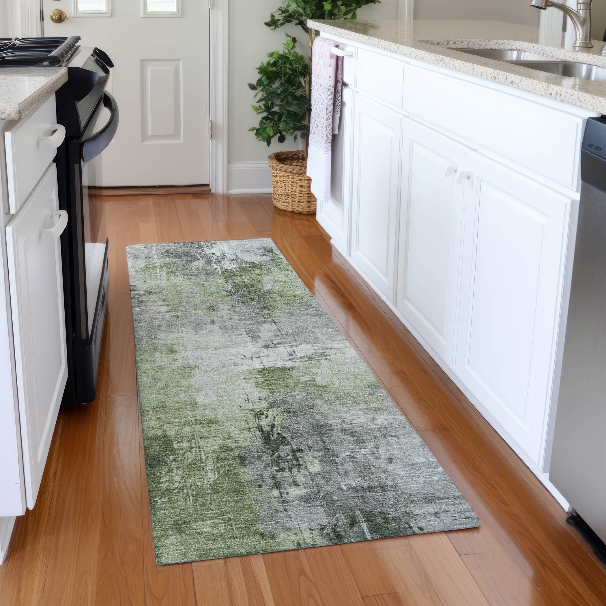 Baku Machine Washable Transitional Green Rug 2'3" x 7'6" #shape_Runner
