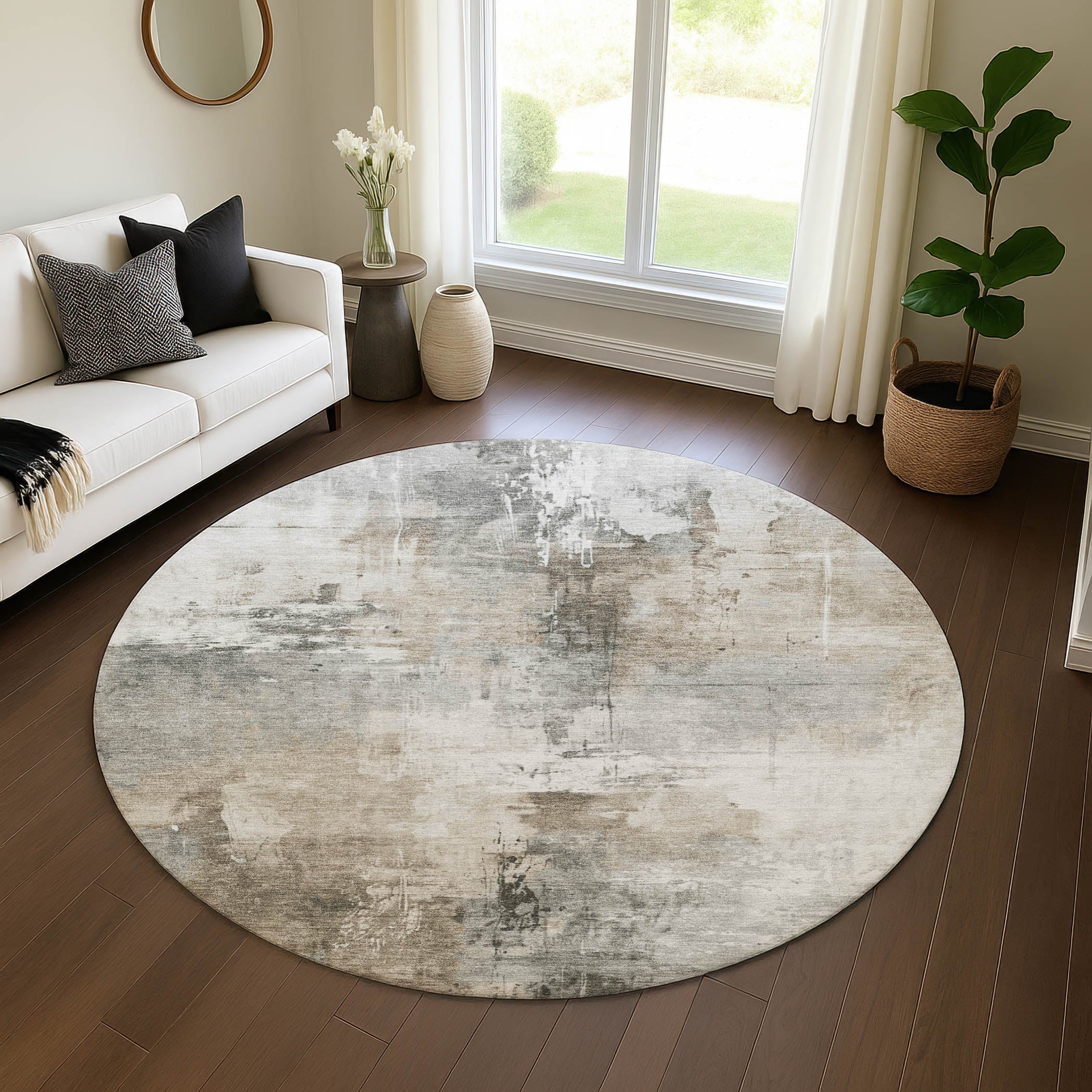Baku Machine Washable Transitional Ivory Rug 8' x 8' #shape_Round