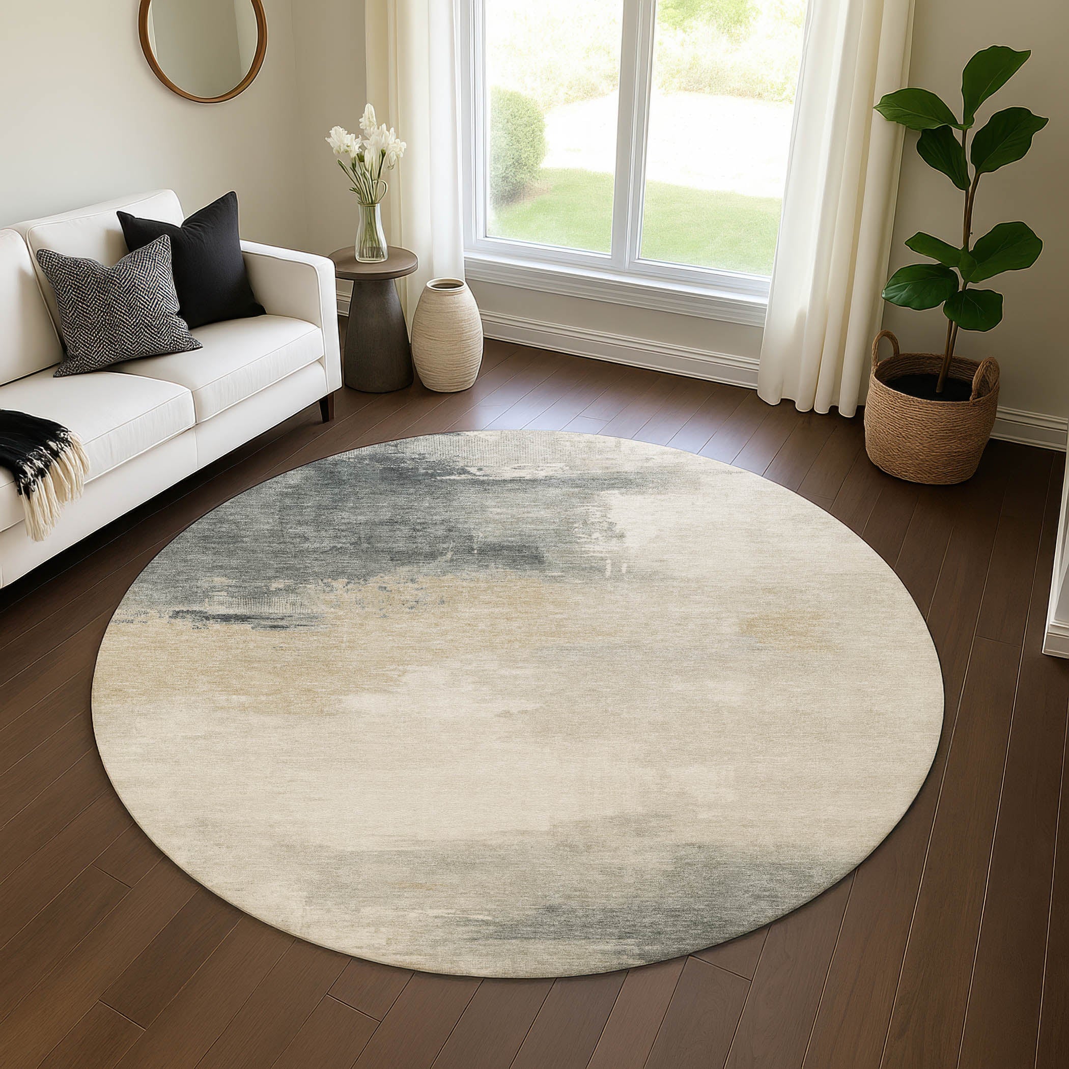 Oslo Machine Washable Transitional Beige Brown Rug 8' x 8' #shape_Round