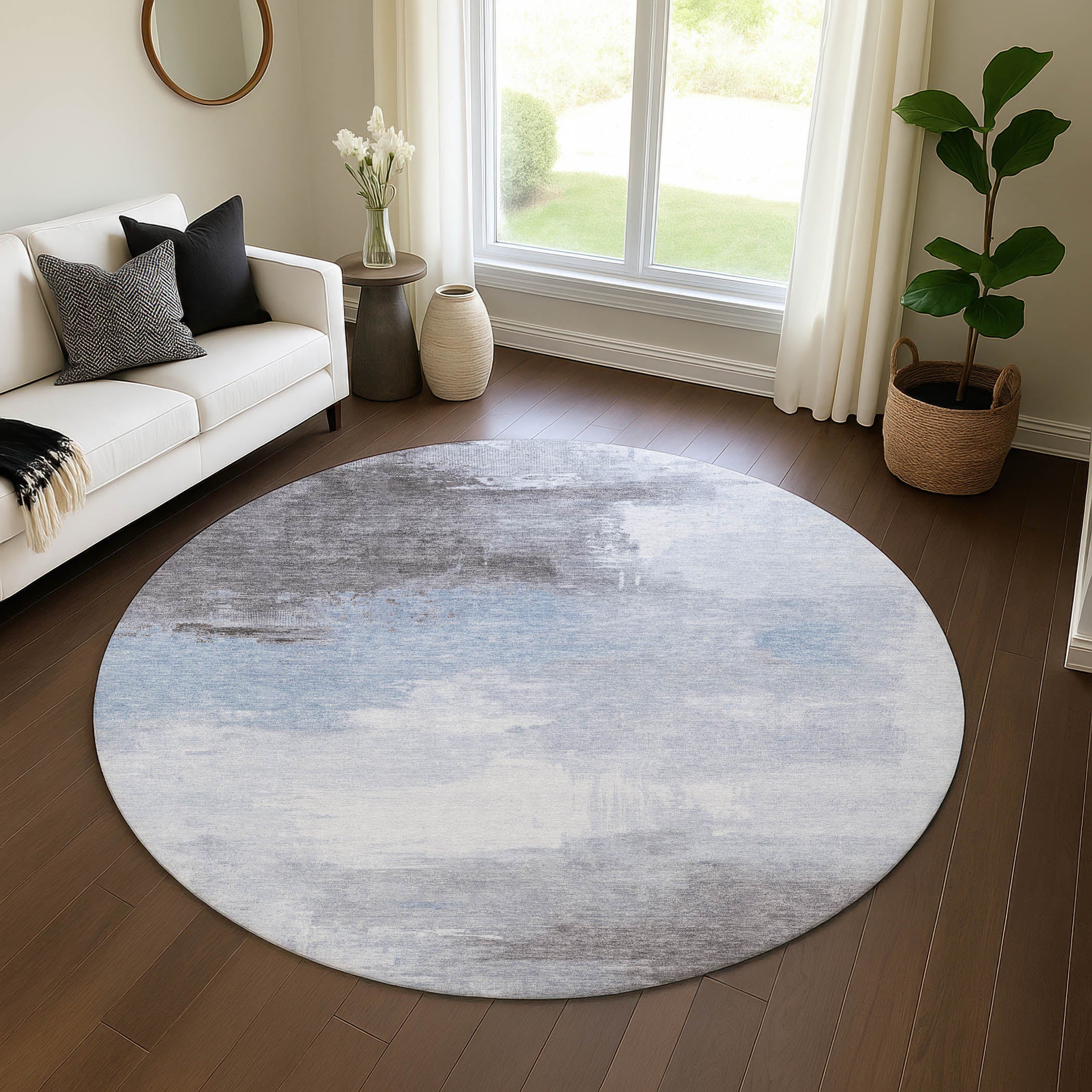 Oslo Machine Washable Transitional Sky Blue Rug 8' x 8' #shape_Round