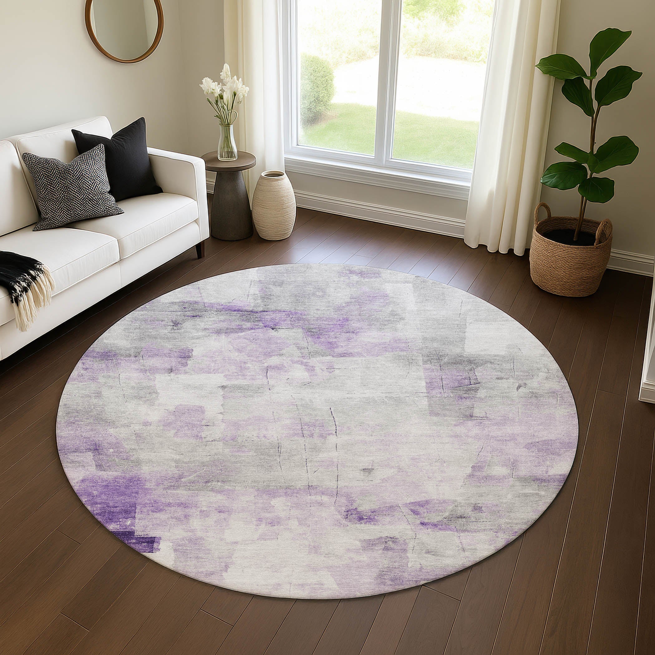 Antigua Machine Washable Transitional Lavender Purple Rug 8' x 8' #shape_Round