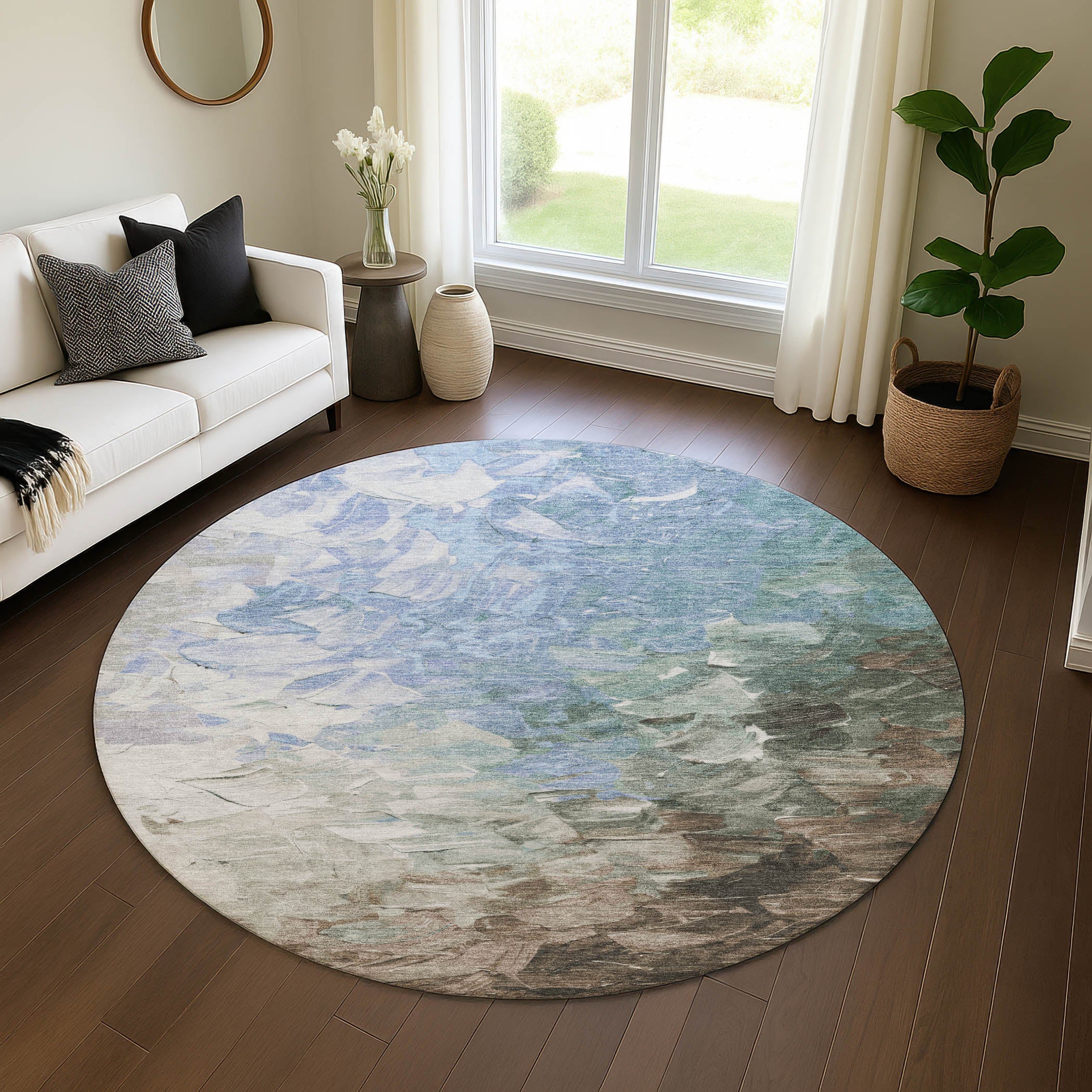 Lima Machine Washable Transitional Denim Blue Rug 8' x 8' #shape_Round