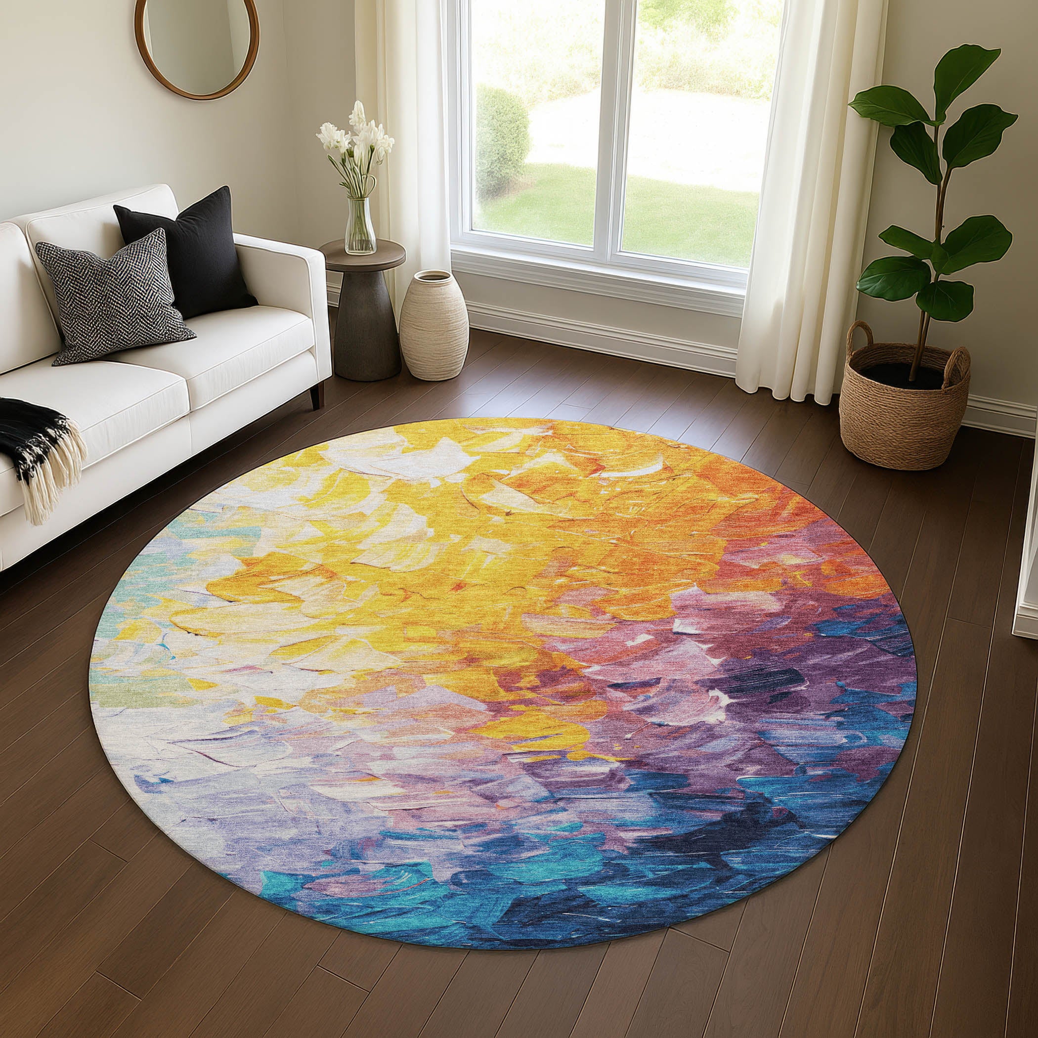 Lima Machine Washable Transitional Gold Rug 8' x 8' #shape_Round