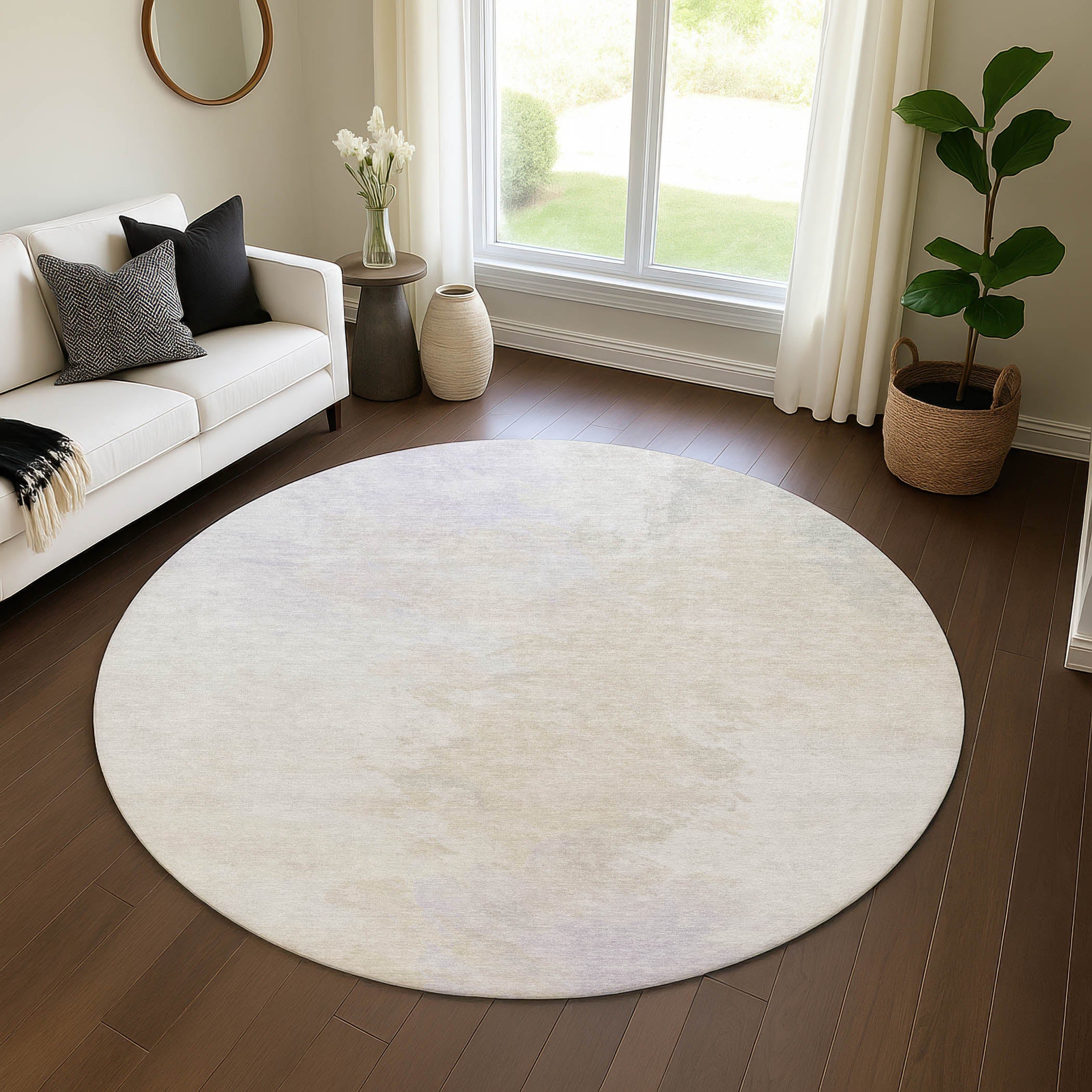 Athens Machine Washable Transitional Beige Brown Rug 8' x 8' #shape_Round