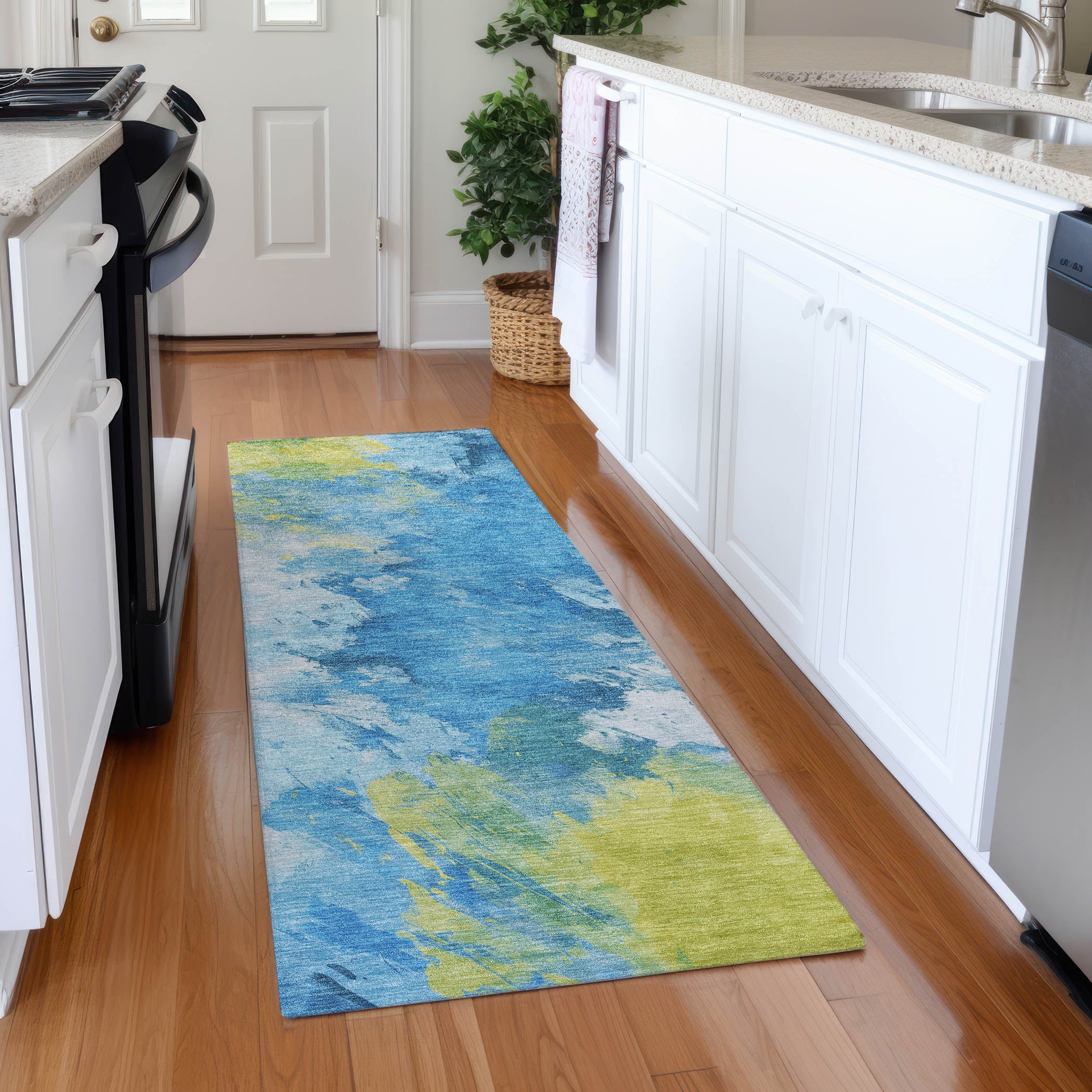 Athens Machine Washable Transitional Blue Rug 2'3" x 7'6" #shape_Runner