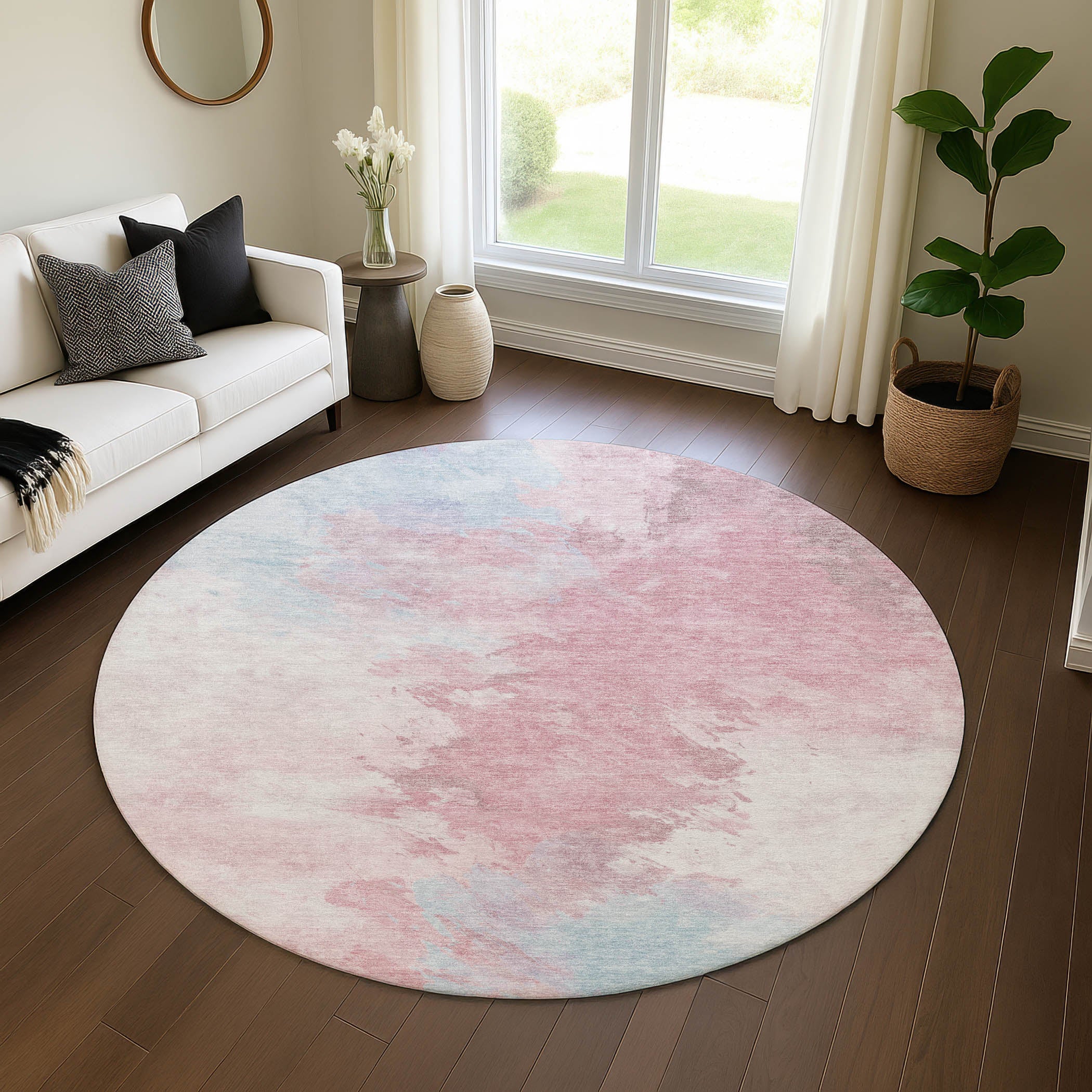 Athens Machine Washable Transitional Blush Pink Rug 8' x 8' #shape_Round