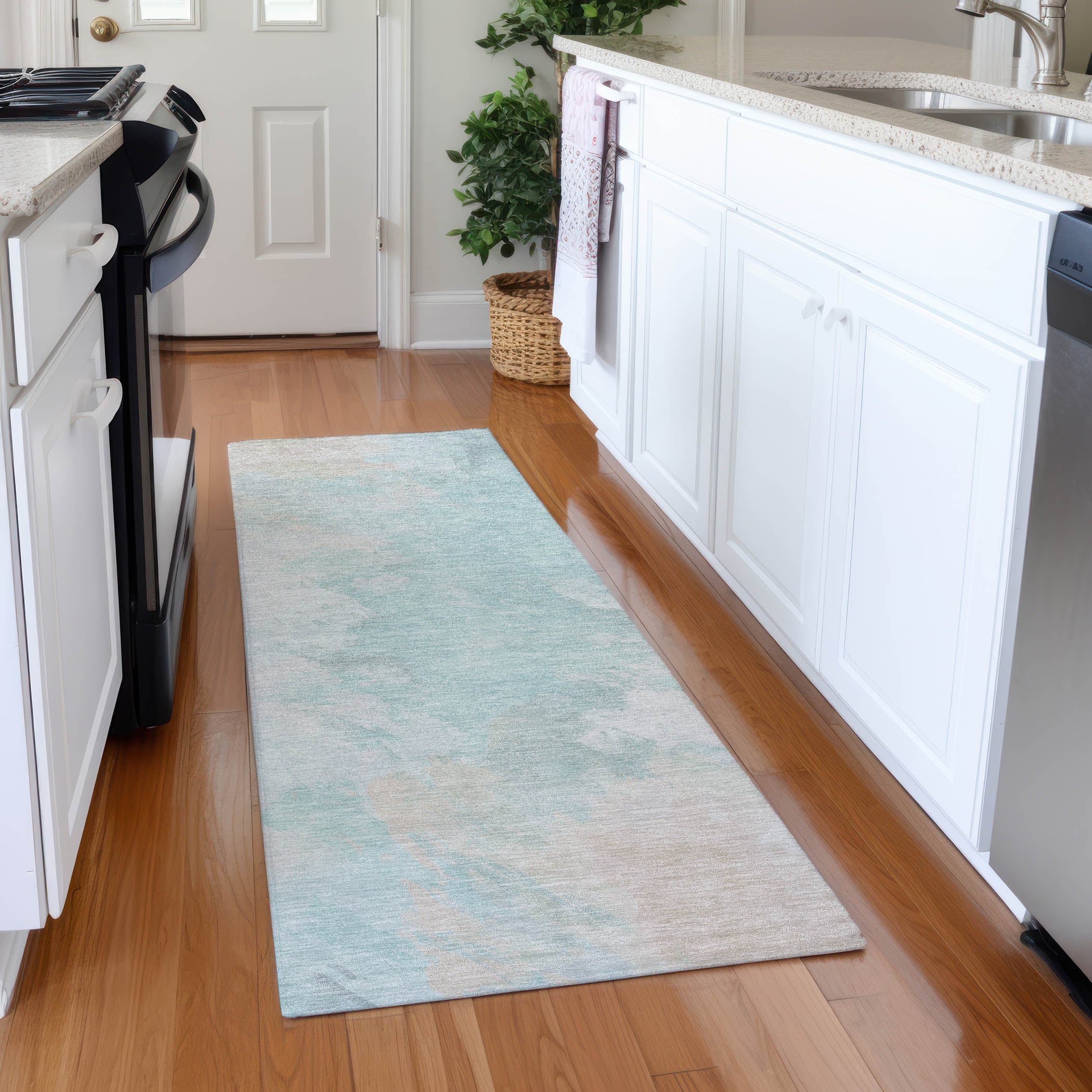 Athens Machine Washable Transitional Seafoam Blue Rug 2'3" x 7'6" #shape_Runner