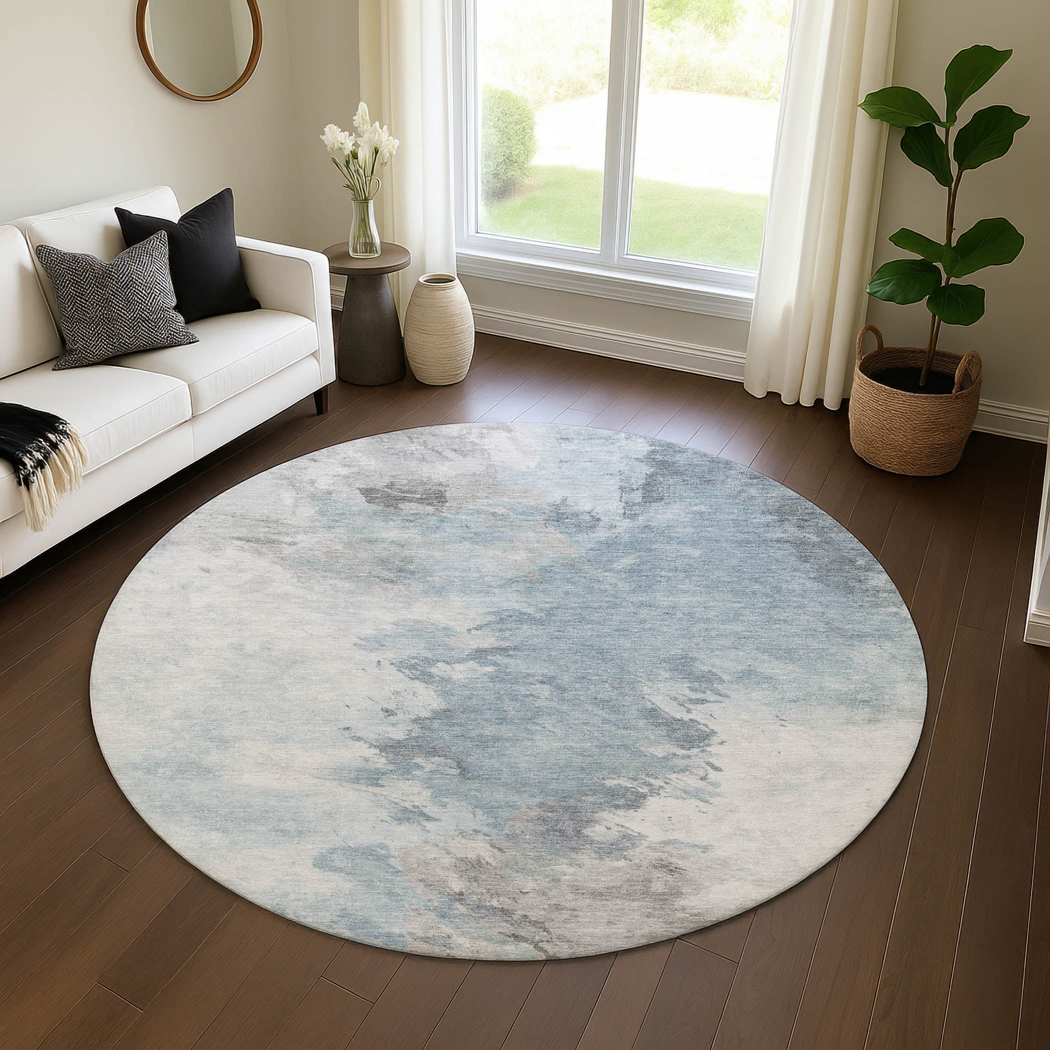Athens Machine Washable Transitional Sky Blue Rug 8' x 8' #shape_Round