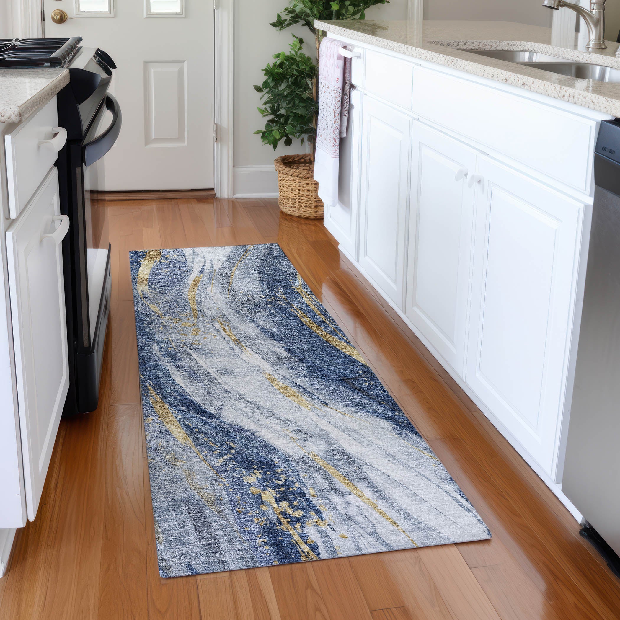 Colombo Machine Washable Transitional Blue Rug 2'3" x 7'6" #shape_Runner