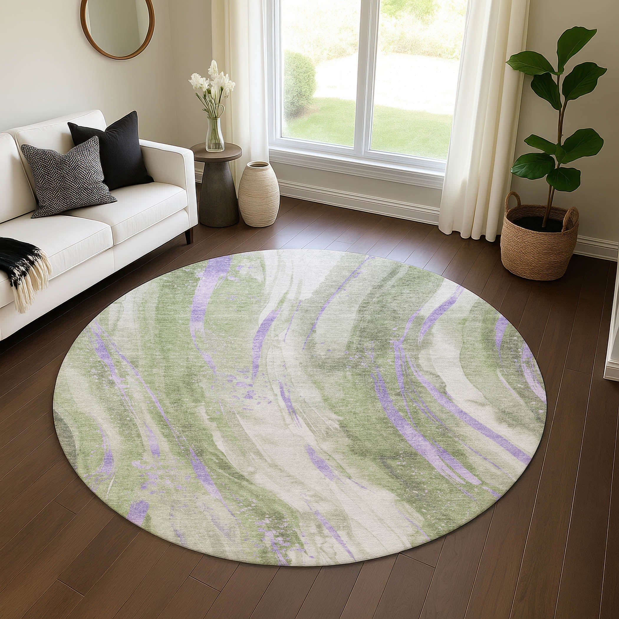 Colombo Machine Washable Transitional Olive Green Rug 8' x 8' #shape_Round