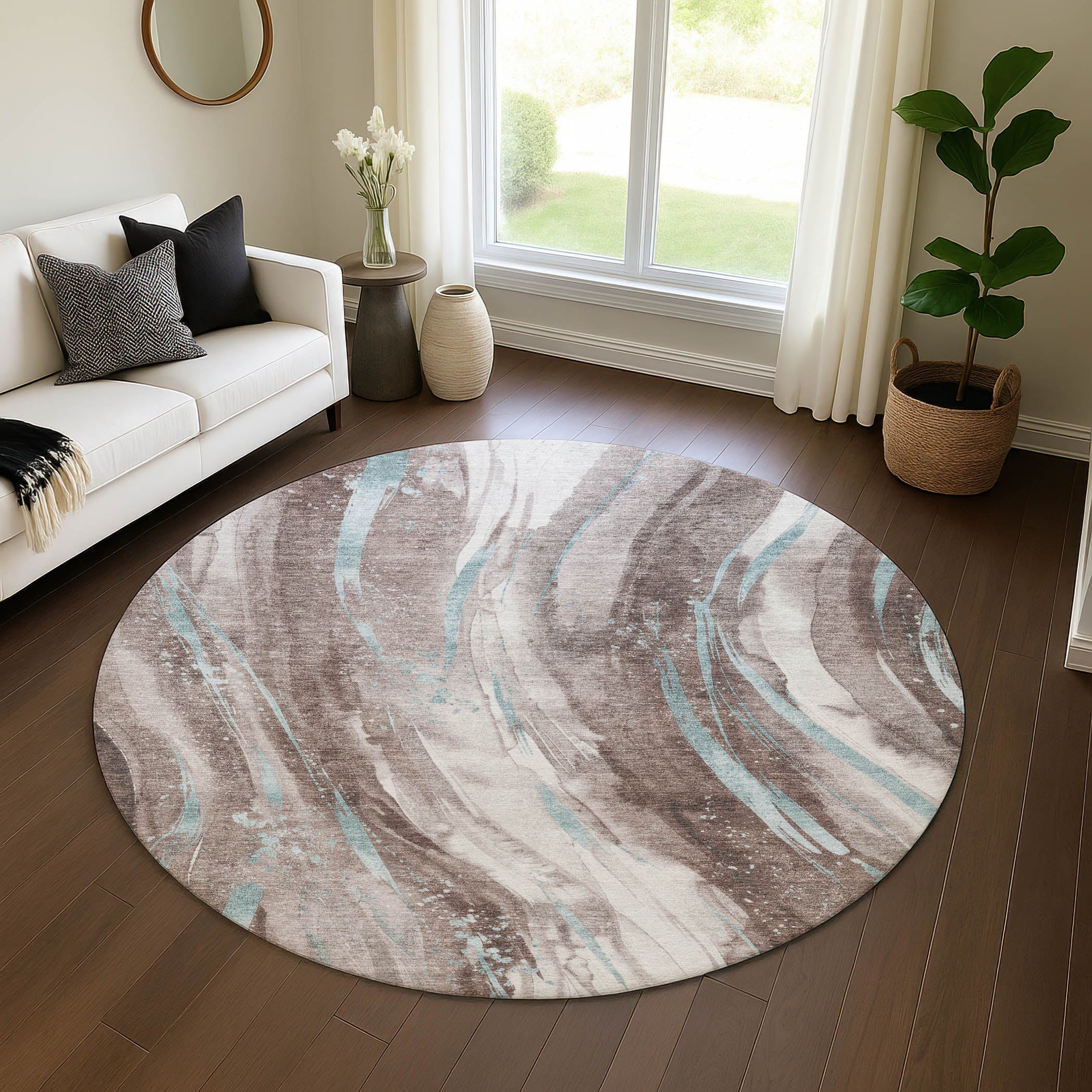 Colombo Machine Washable Transitional Taupe Brown Rug 8' x 8' #shape_Round