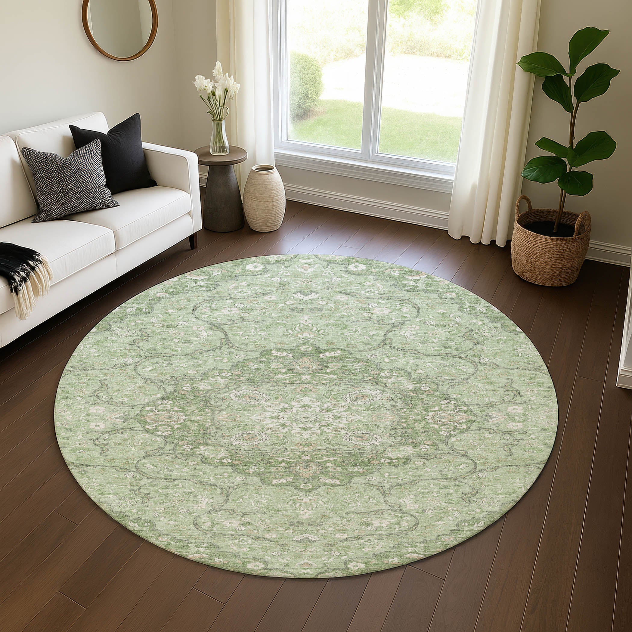 Cairo Machine Washable Traditional Aloe Green Rug 8' x 8' #shape_Round