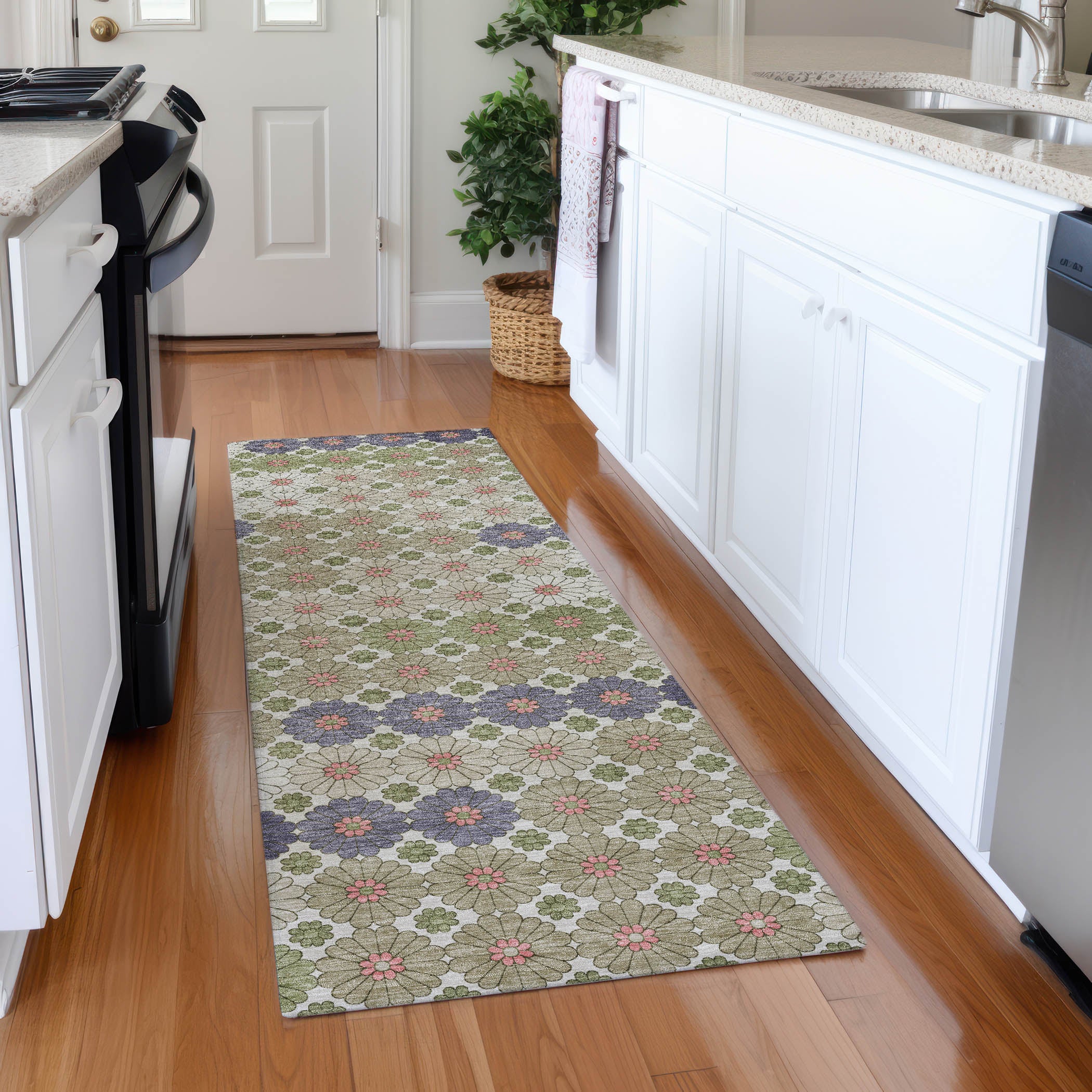 Baku Machine Washable Transitional Aloe Green Rug 2'3" x 7'6" #shape_Runner