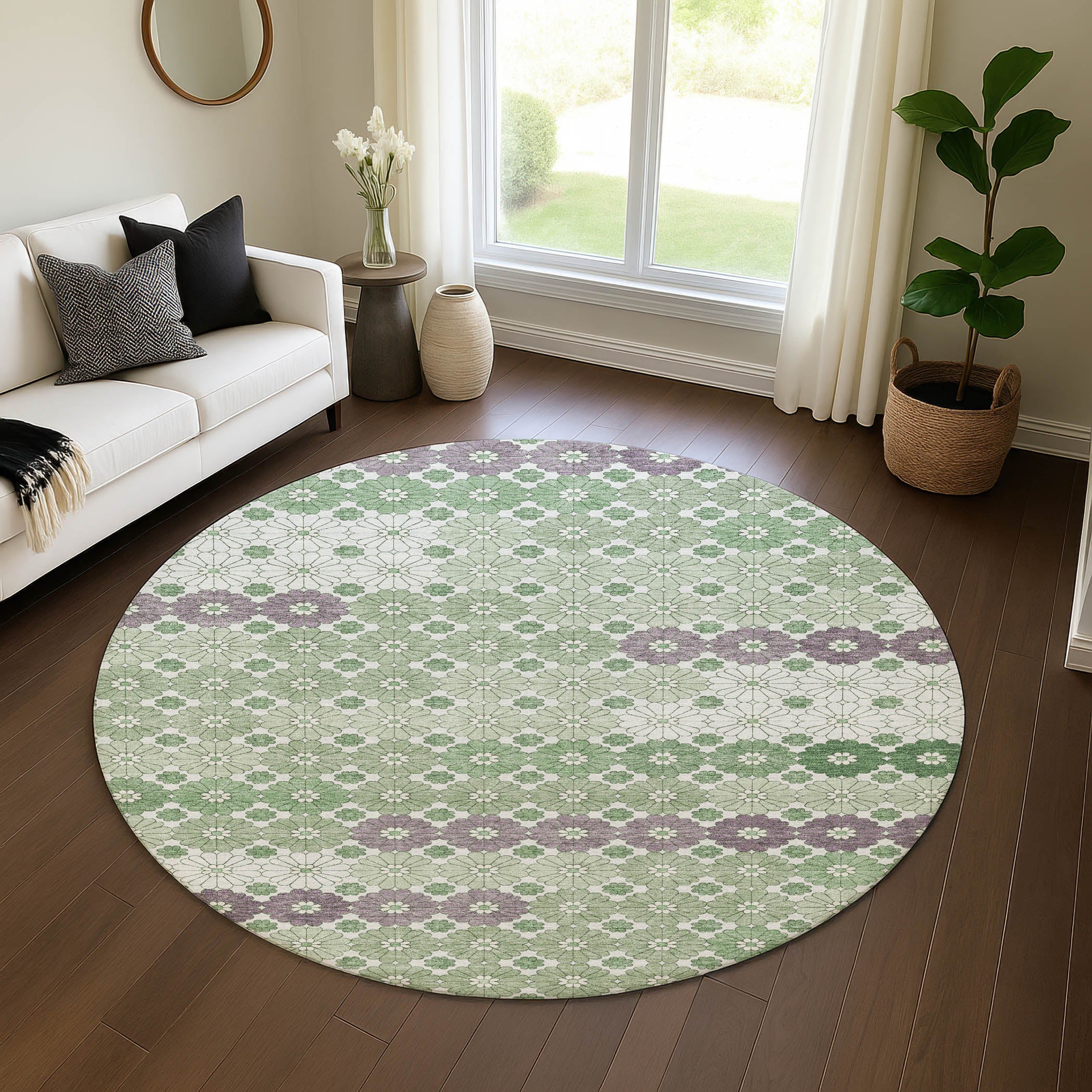 Baku Machine Washable Transitional Sage Green Rug 8' x 8' #shape_Round