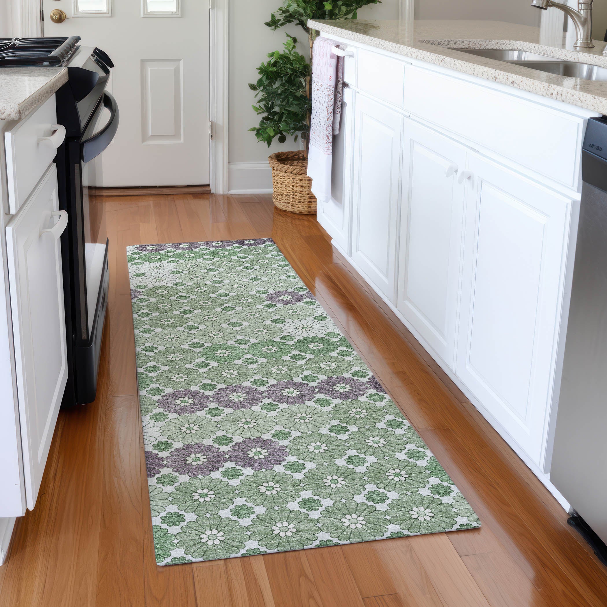 Baku Machine Washable Transitional Sage Green Rug 2'3" x 7'6" #shape_Runner
