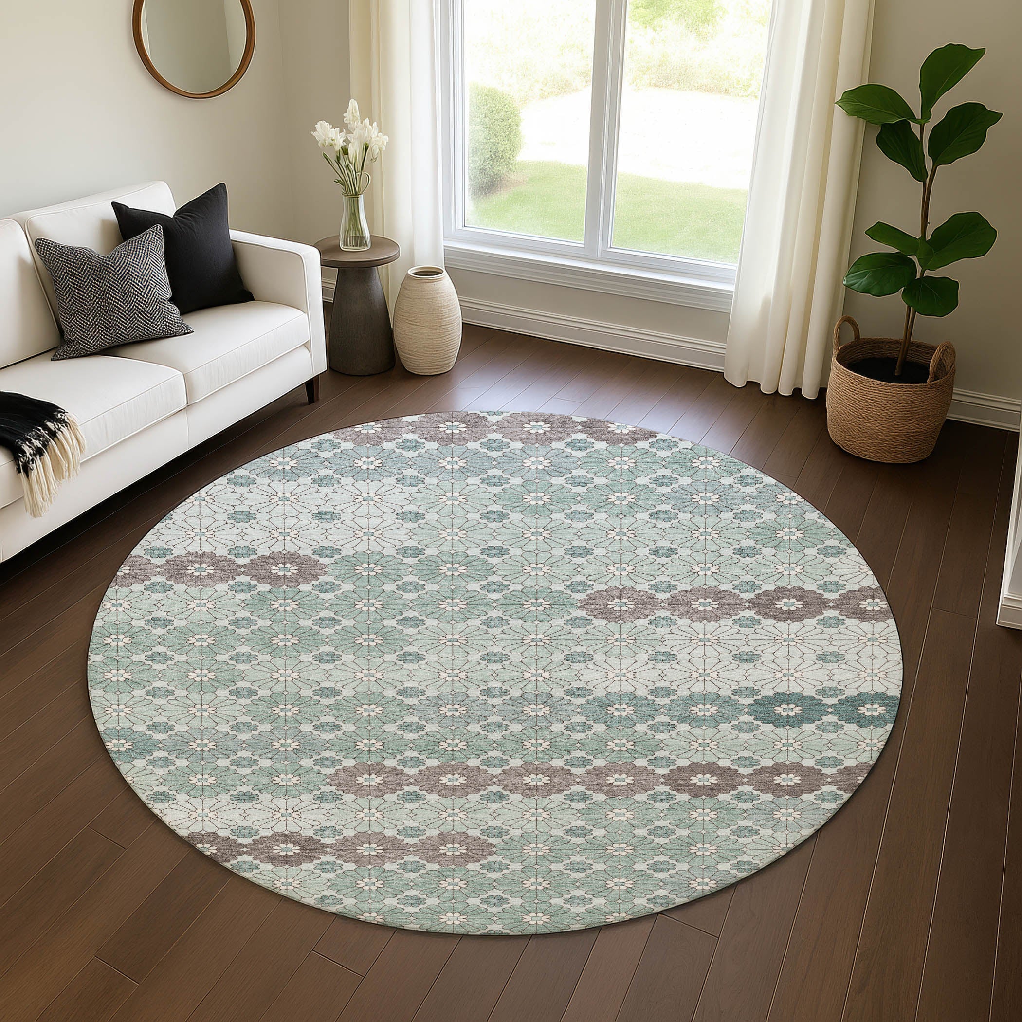 Baku Machine Washable Transitional Teal Rug 8' x 8' #shape_Round