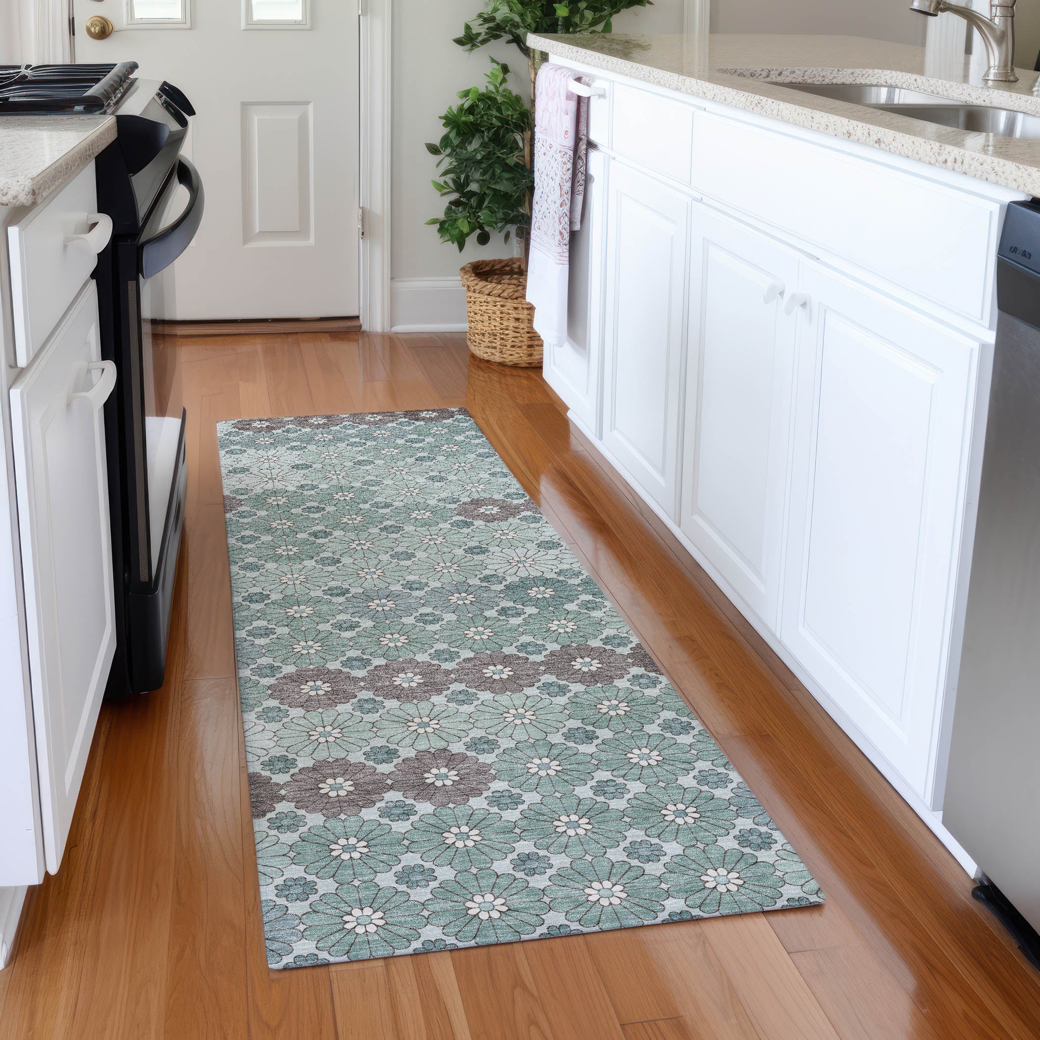 Baku Machine Washable Transitional Teal Rug 2'3" x 7'6" #shape_Runner