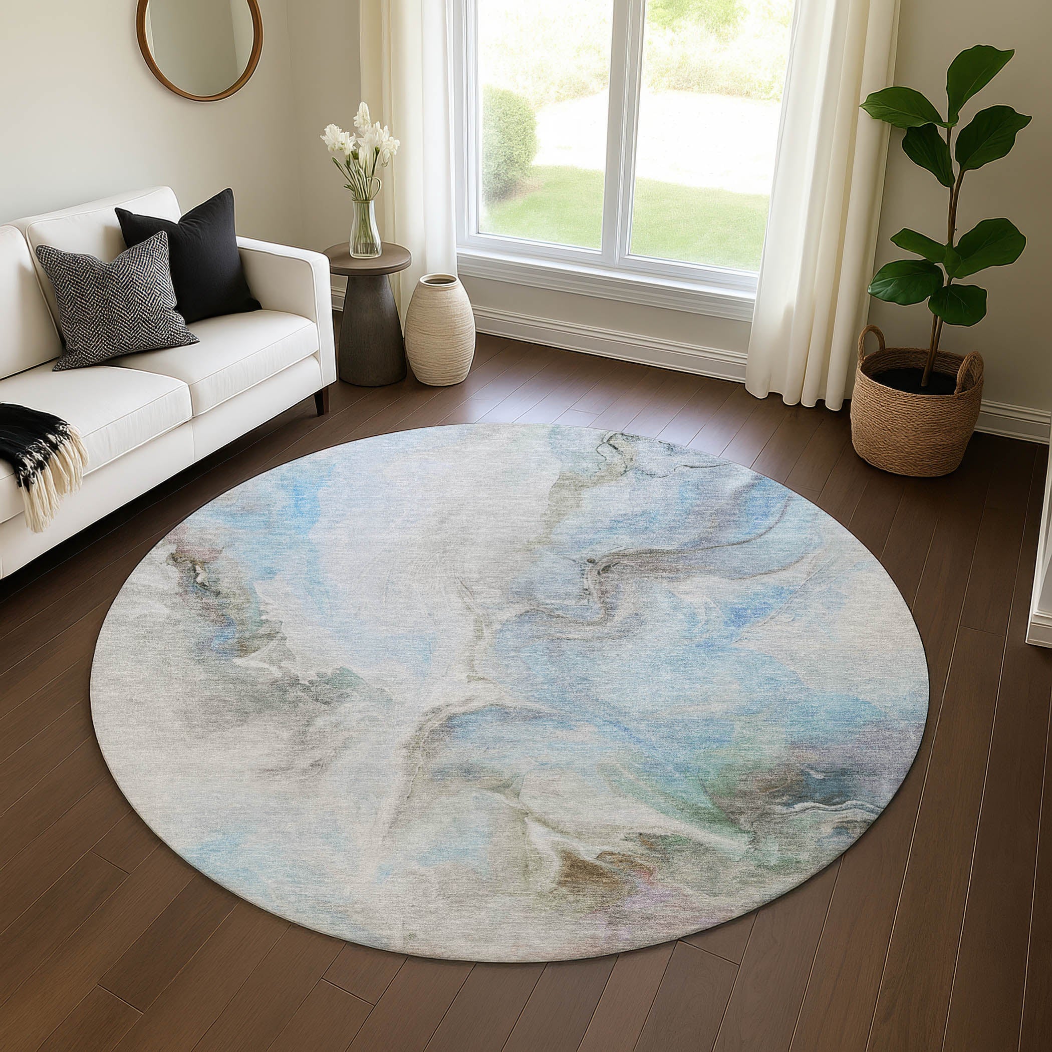 Oslo Machine Washable Transitional Sky Blue Rug 8' x 8' #shape_Round