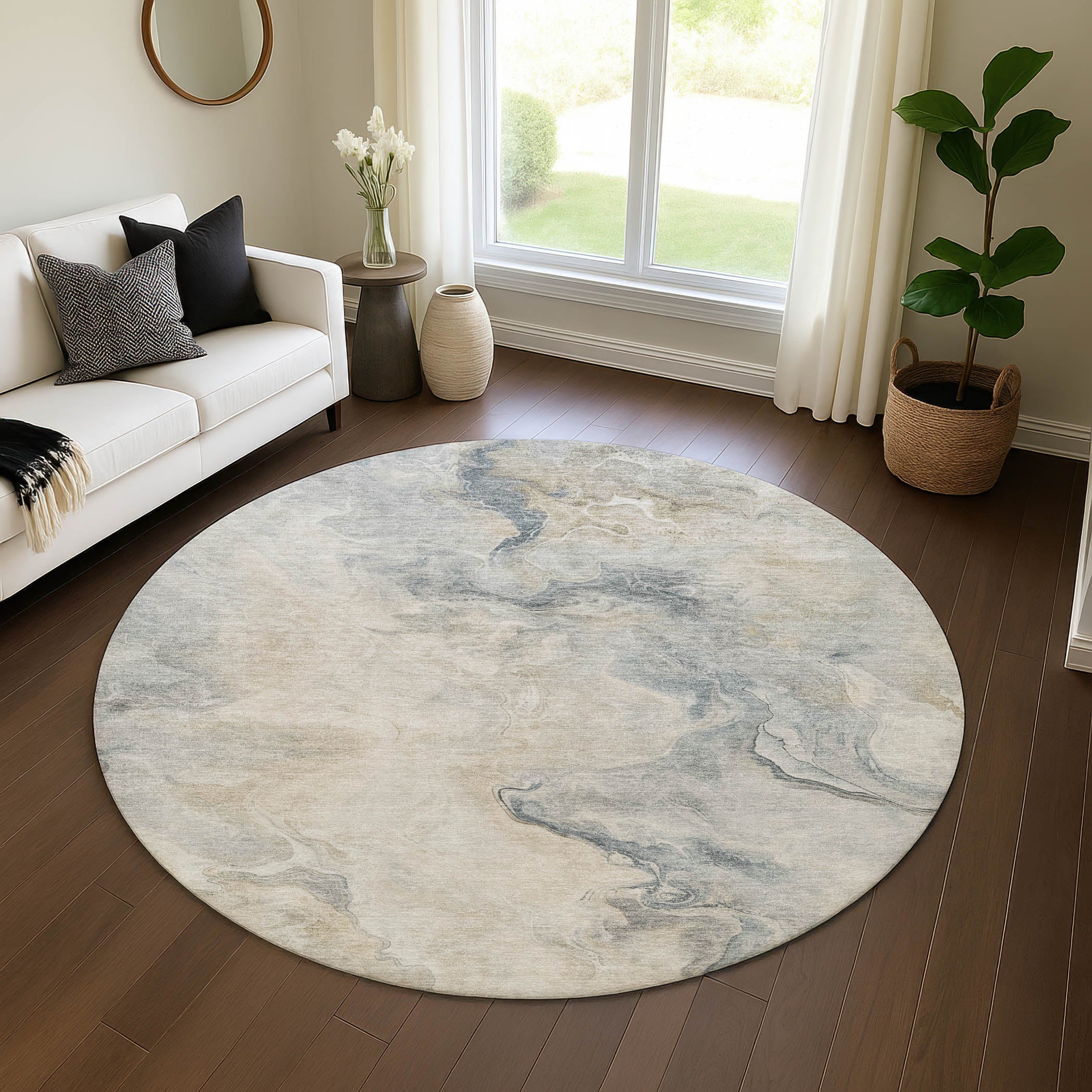 Lisbon Machine Washable Transitional Beige Brown Rug 8' x 8' #shape_Round