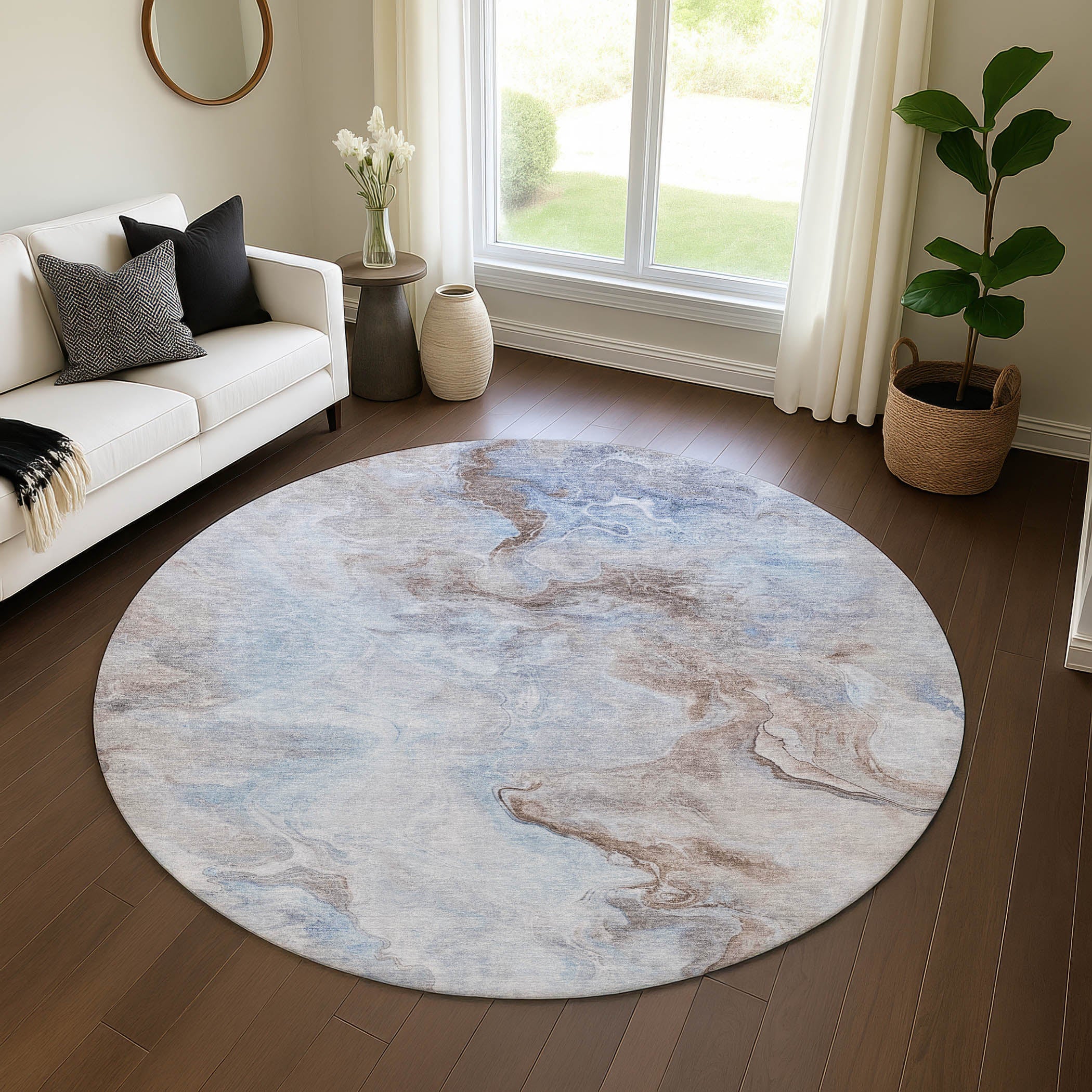 Lisbon Machine Washable Transitional Blue Rug 8' x 8' #shape_Round