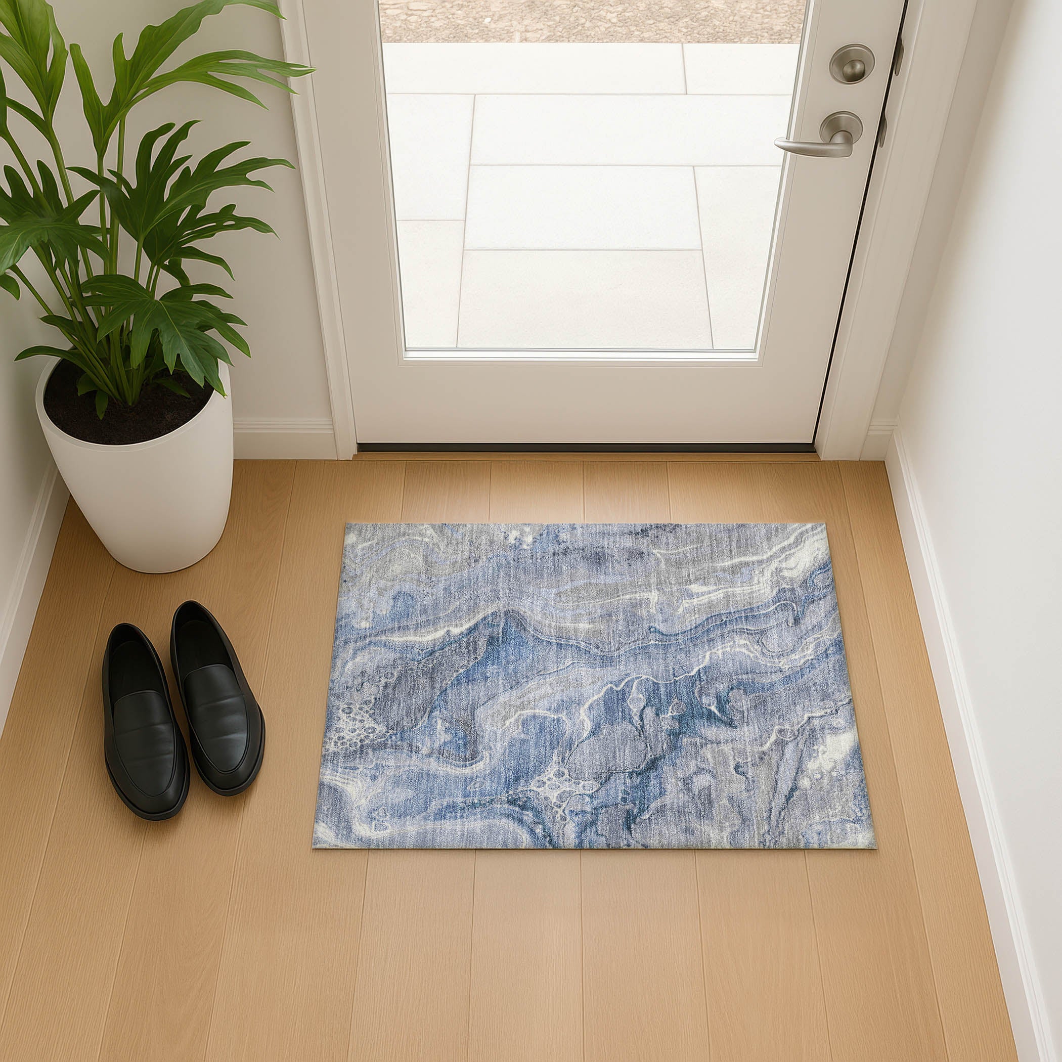 Kotor Machine Washable Transitional Denim Blue Rug 1'8" x 2'6" #shape_Rectangle