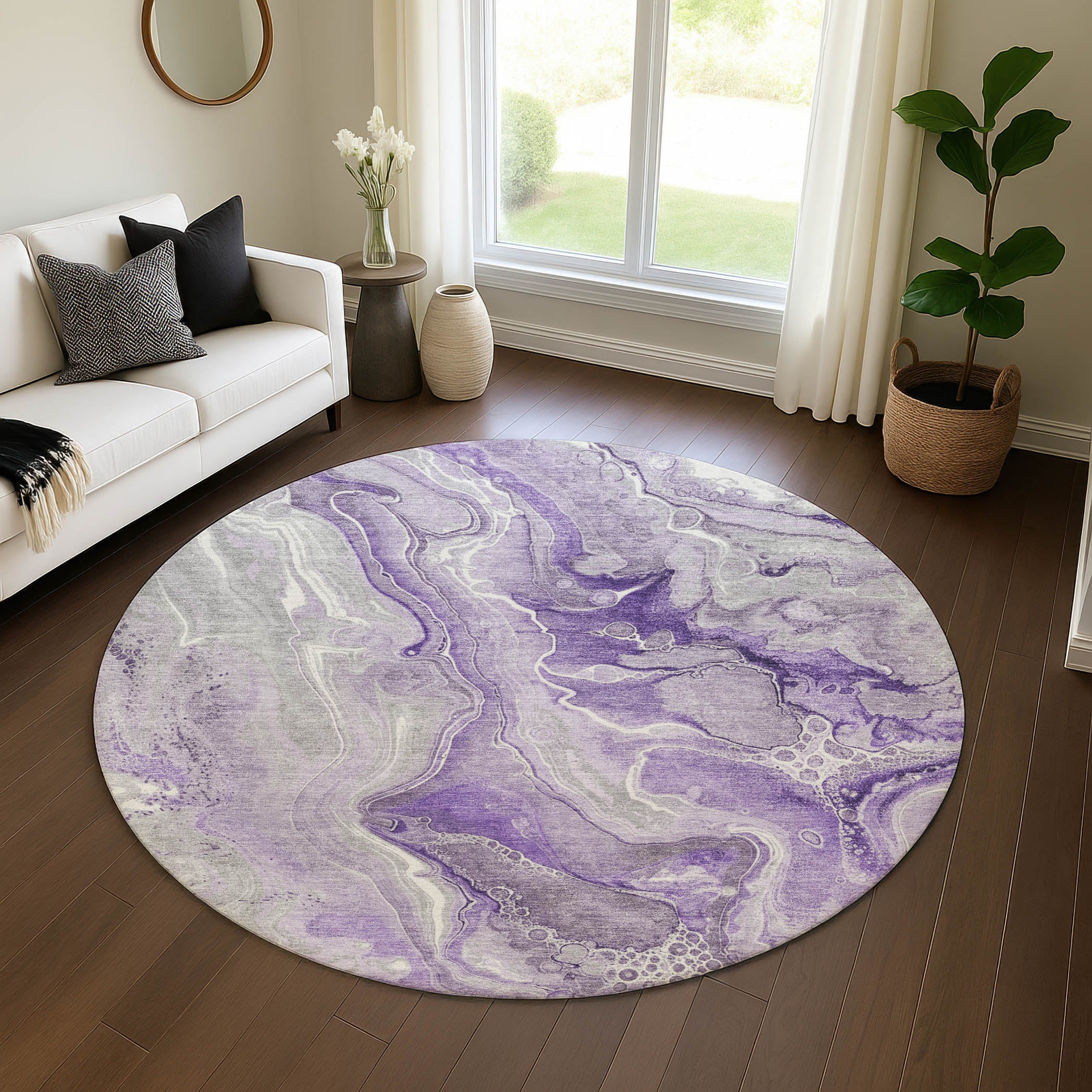 Kotor Machine Washable Transitional Purple Rug 8' x 8' #shape_Round