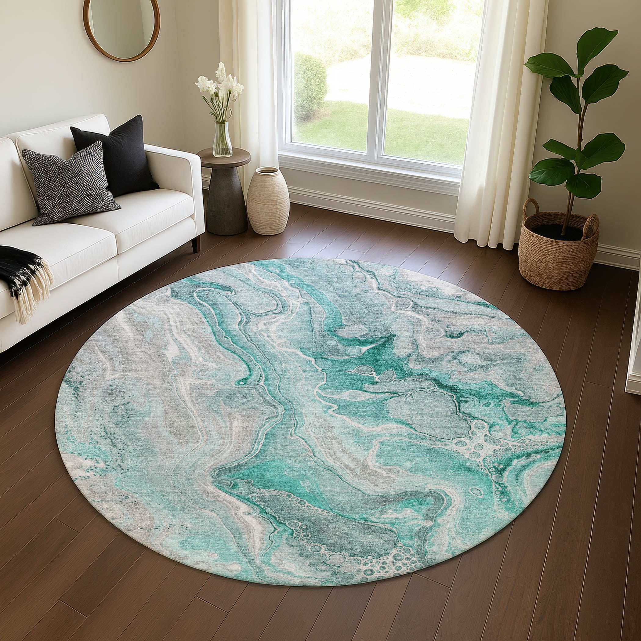 Kotor Machine Washable Transitional Teal Rug 8' x 8' #shape_Round