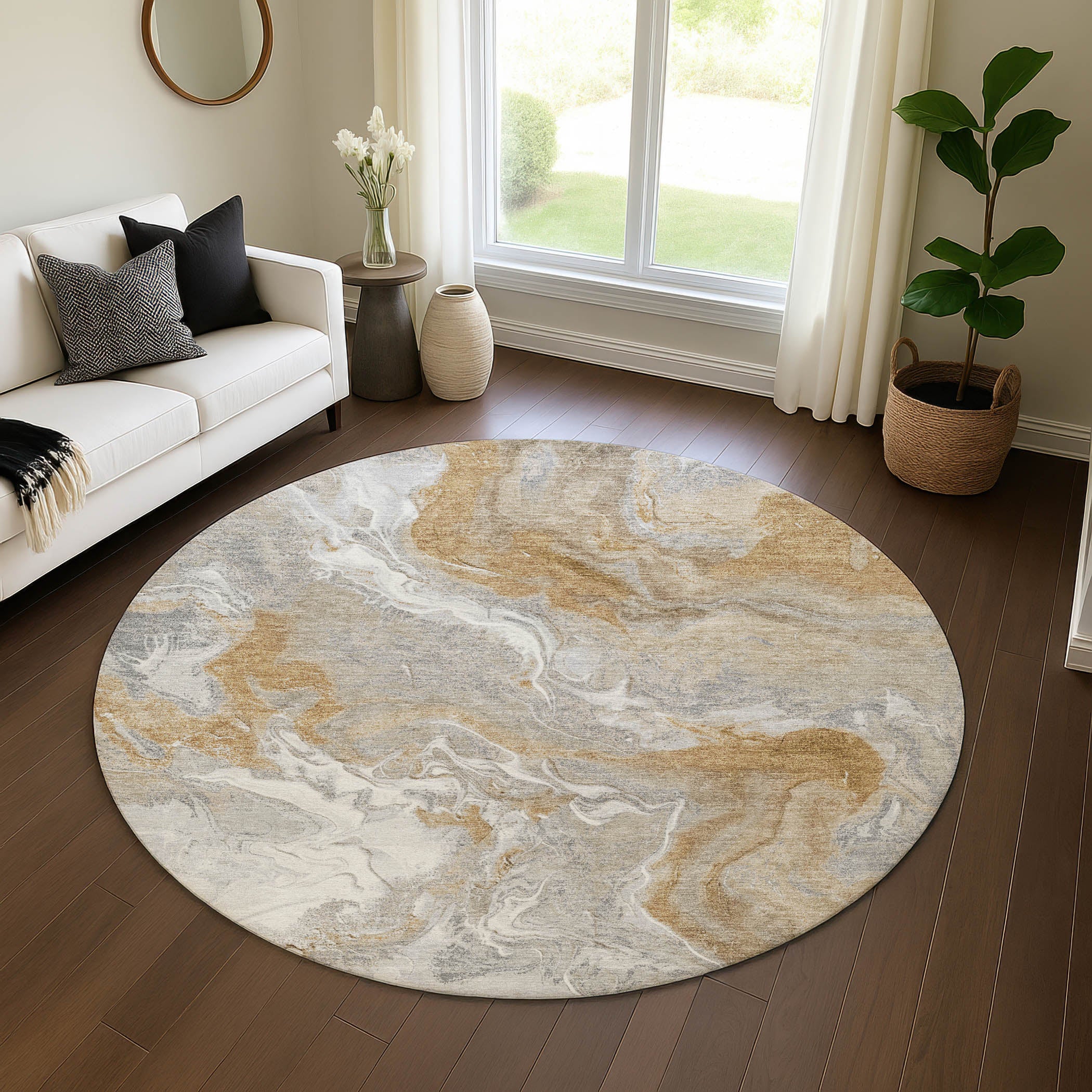 Sarajevo Machine Washable Transitional Graphite Gray Rug 8' x 8' #shape_Round
