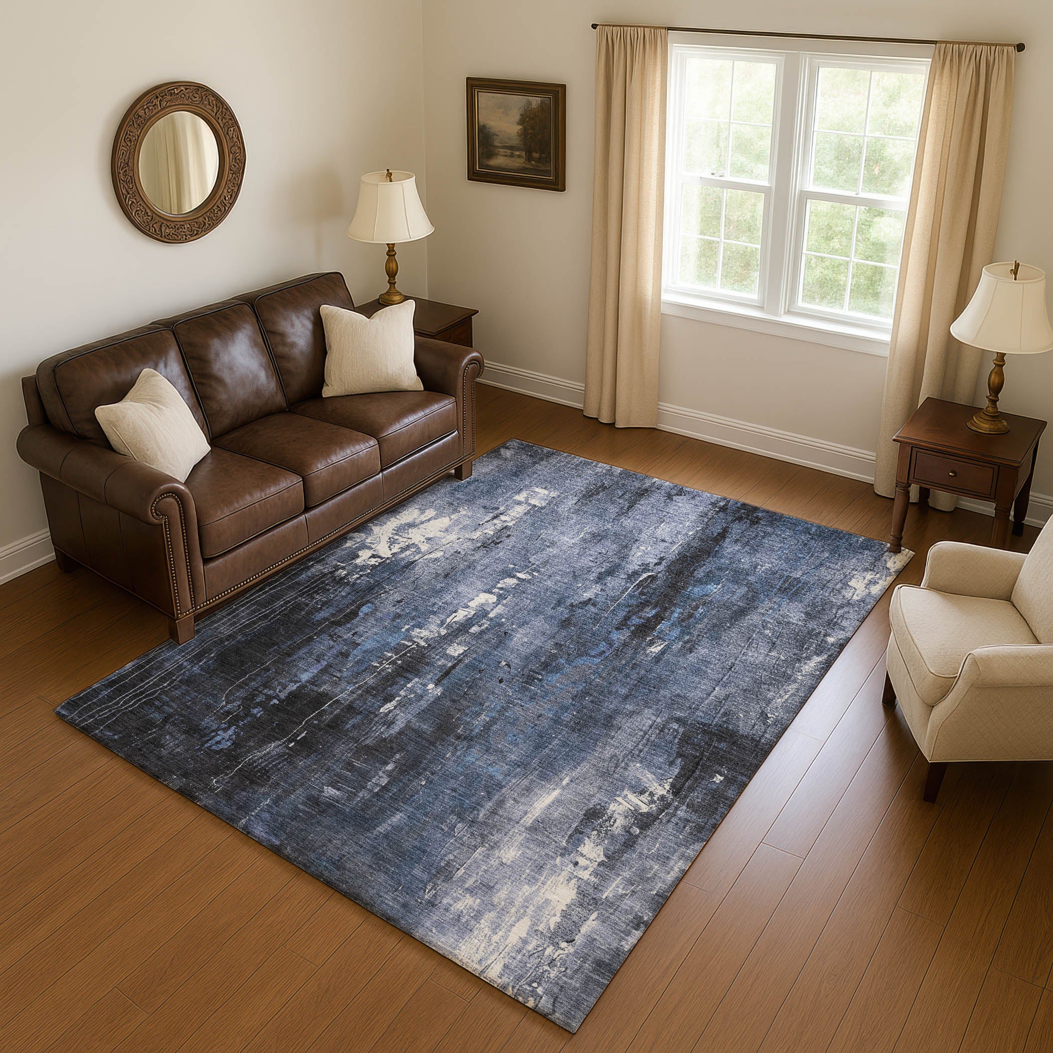Mdina Machine Washable Transitional Blue Rug 2'6" x 3'10" #shape_Rectangle