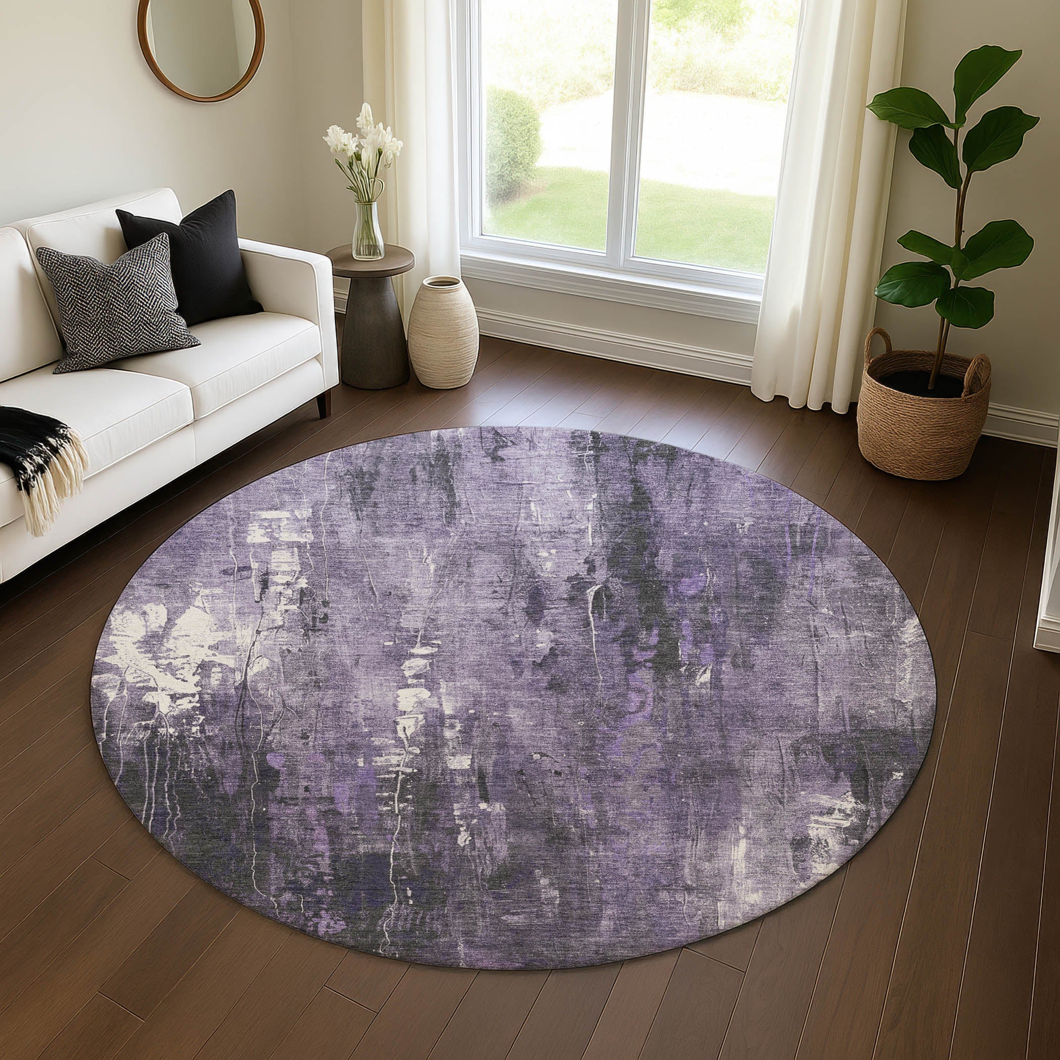 Mdina Machine Washable Transitional Purple Rug 8' x 8' #shape_Round