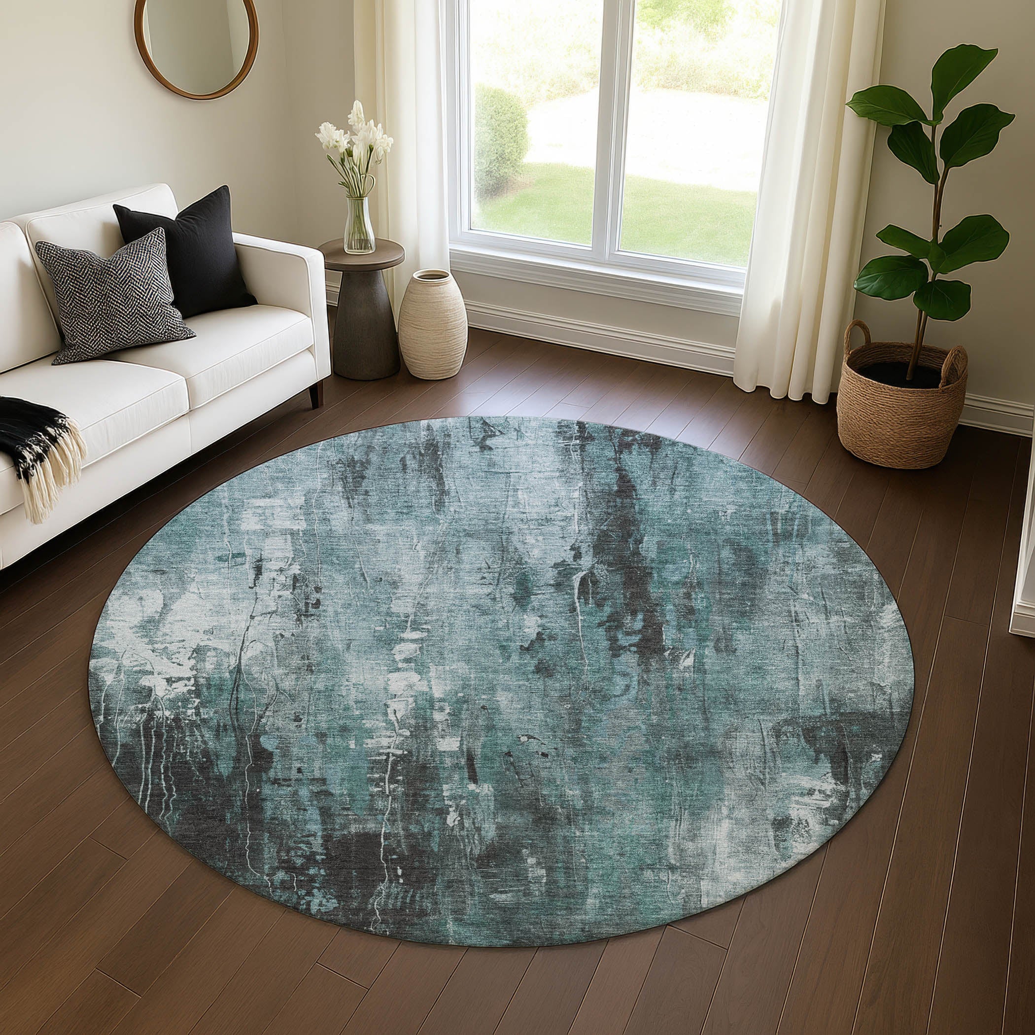 Mdina Machine Washable Transitional Teal Rug 8' x 8' #shape_Round