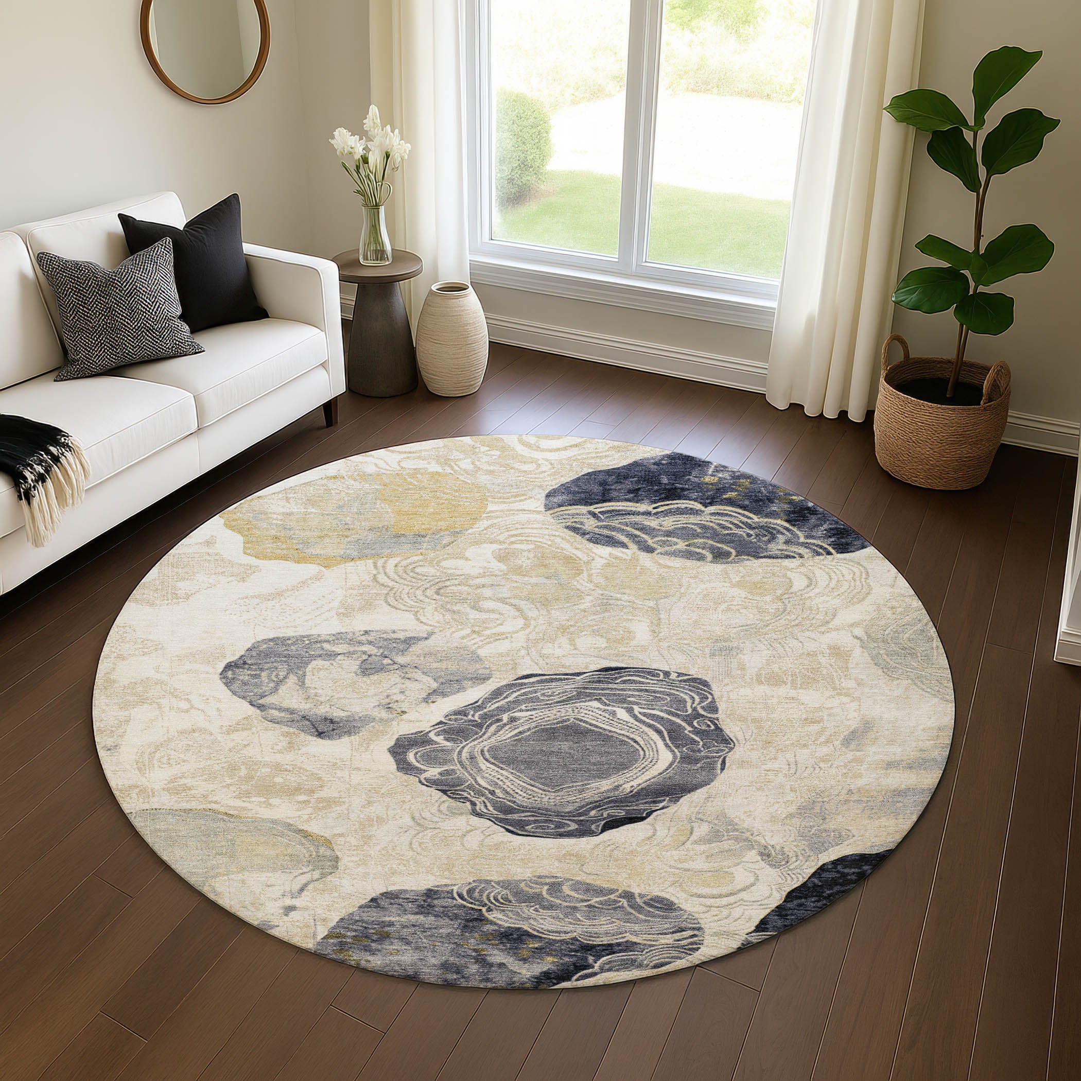 Baku Machine Washable Transitional Ivory Rug 8' x 8' #shape_Round